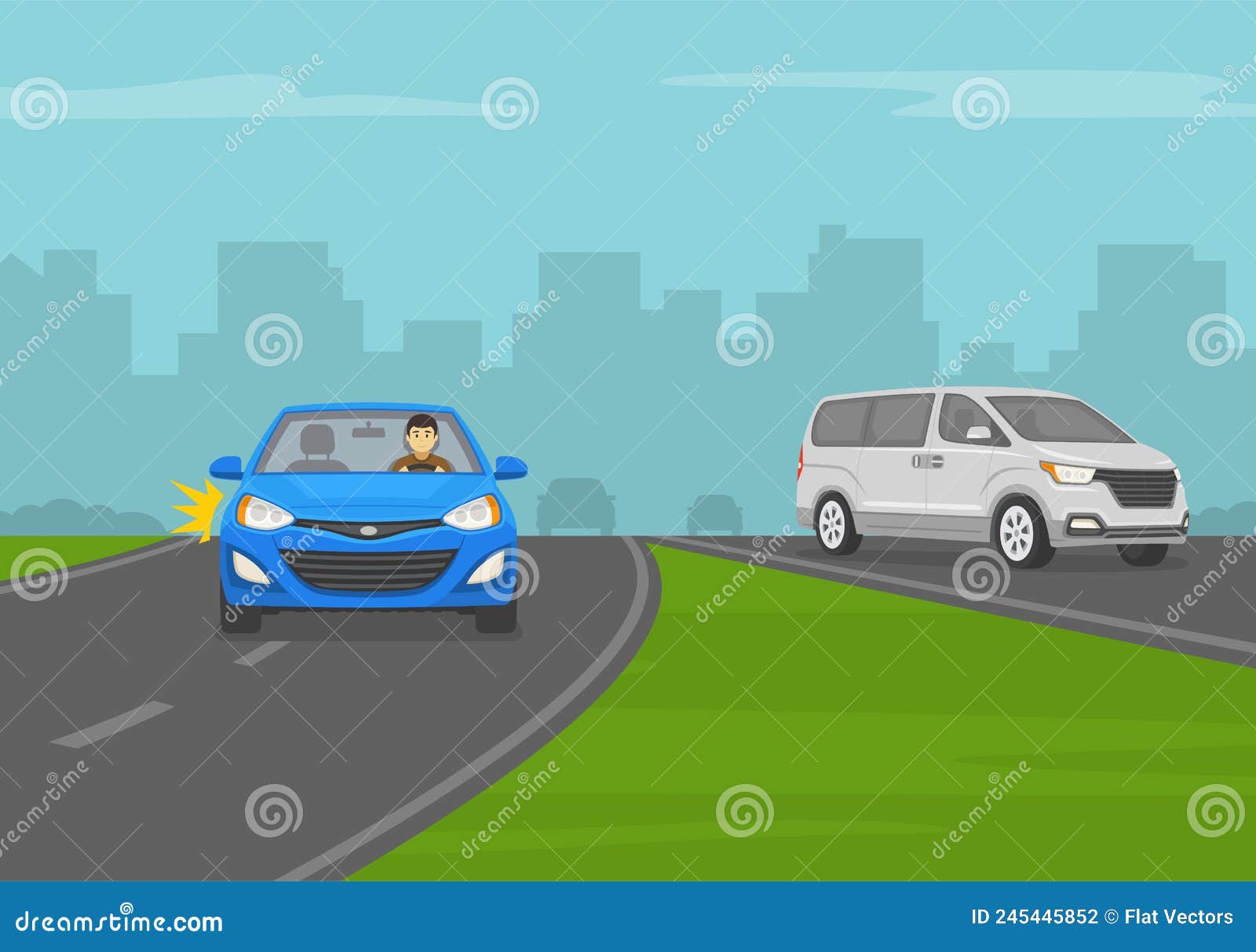 off-ramp driving. merging with traffic. blue sedan car exiting a highway. front view.