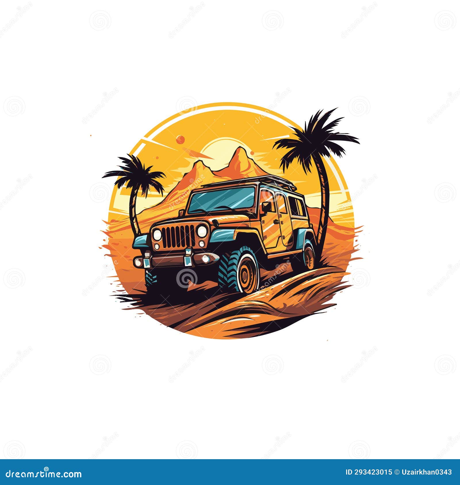Offroad Vehicle in the Desert with Palm Trees Stock Vector