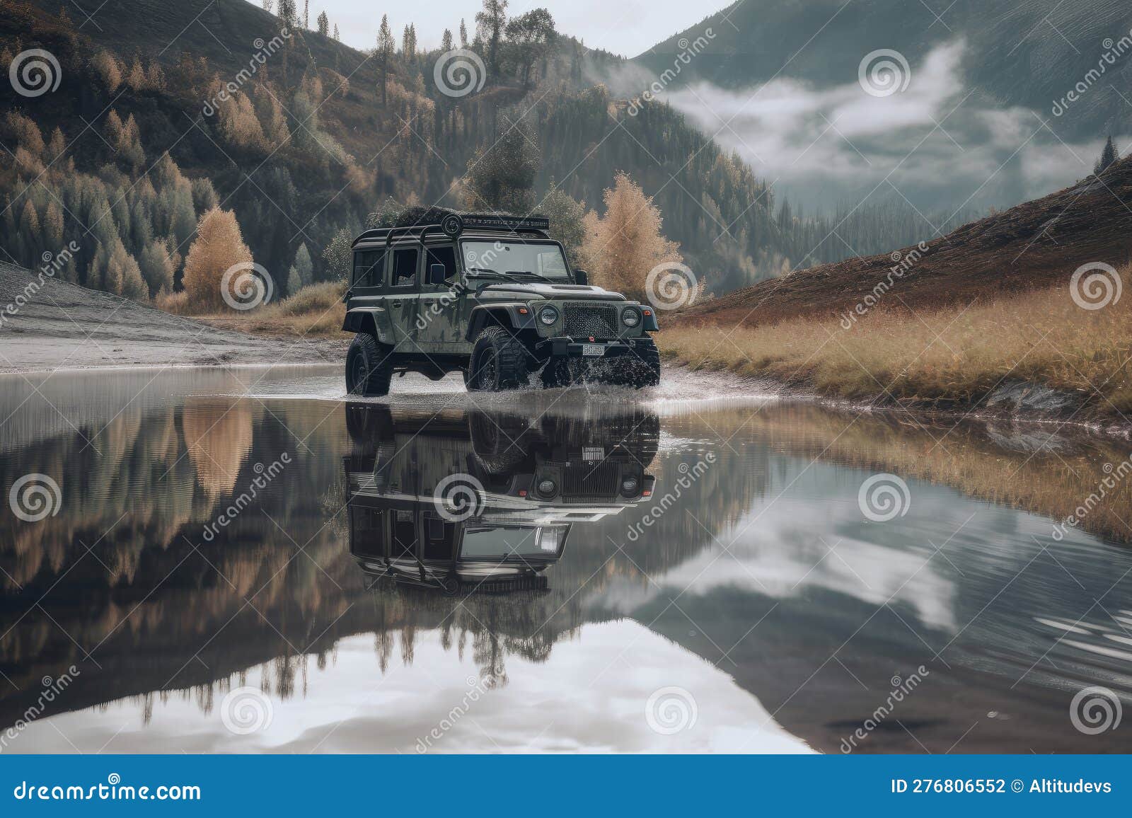 off-roader passing by mountain lake, with reflection visible on the water surface