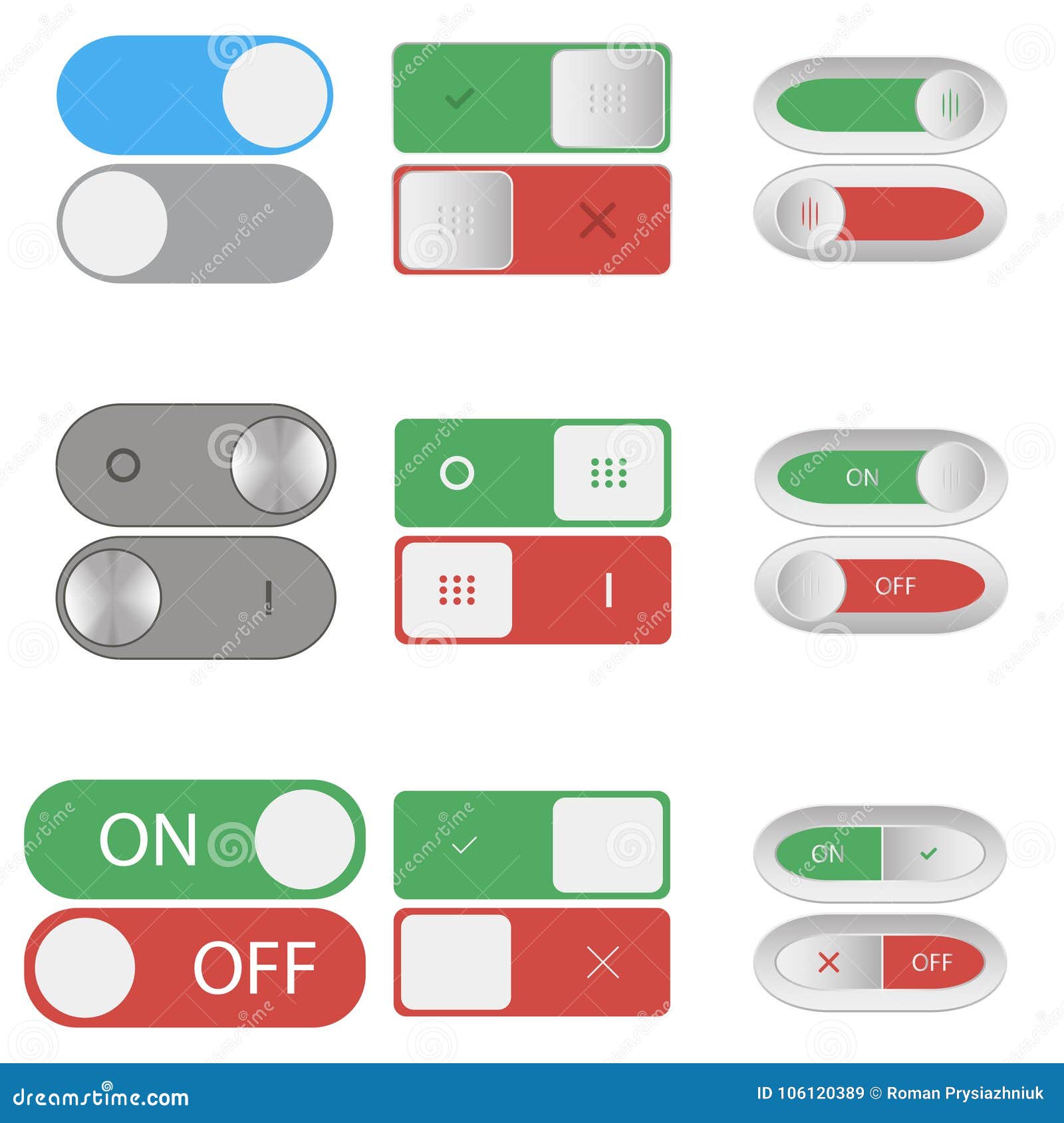 On and Off Switch Buttons. Set of Include and Shutdown Toggle Sliders