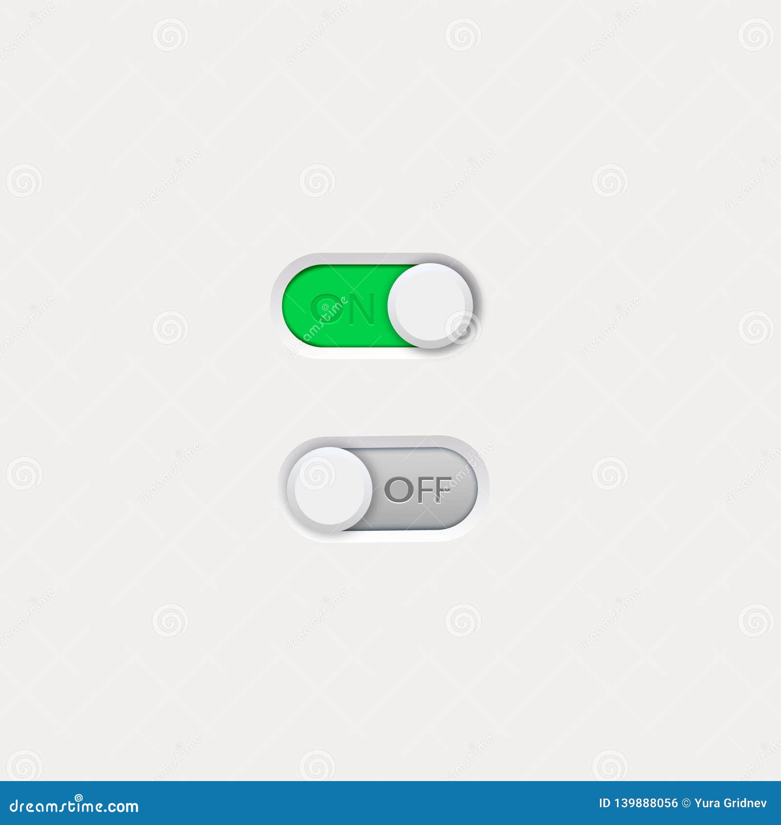 On and Off Toggle Switch Buttons. Material Design Switch Buttons Set