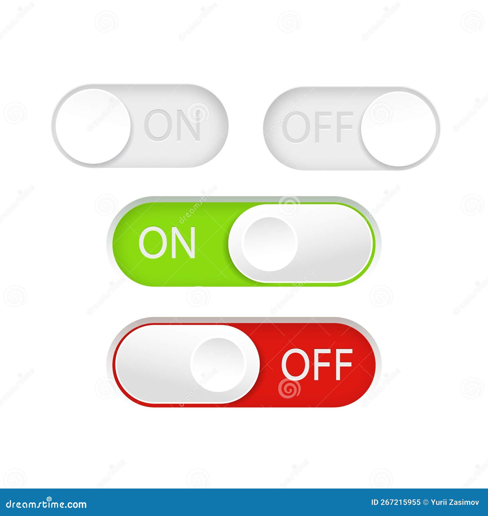 On and Off Toggle Switch Buttons. Material Design Switch Buttons Set