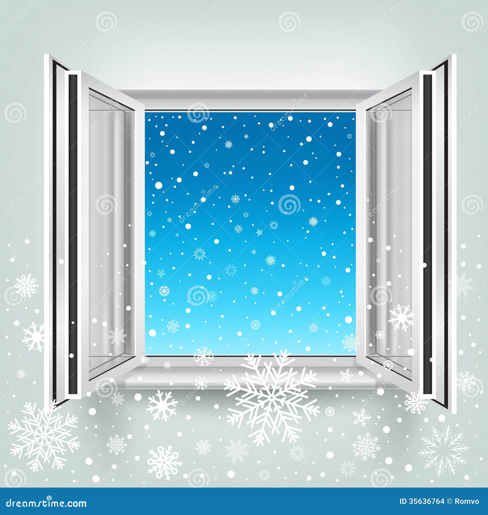Offenes Fenster Und Fallender Schnee Vektor Abbildung