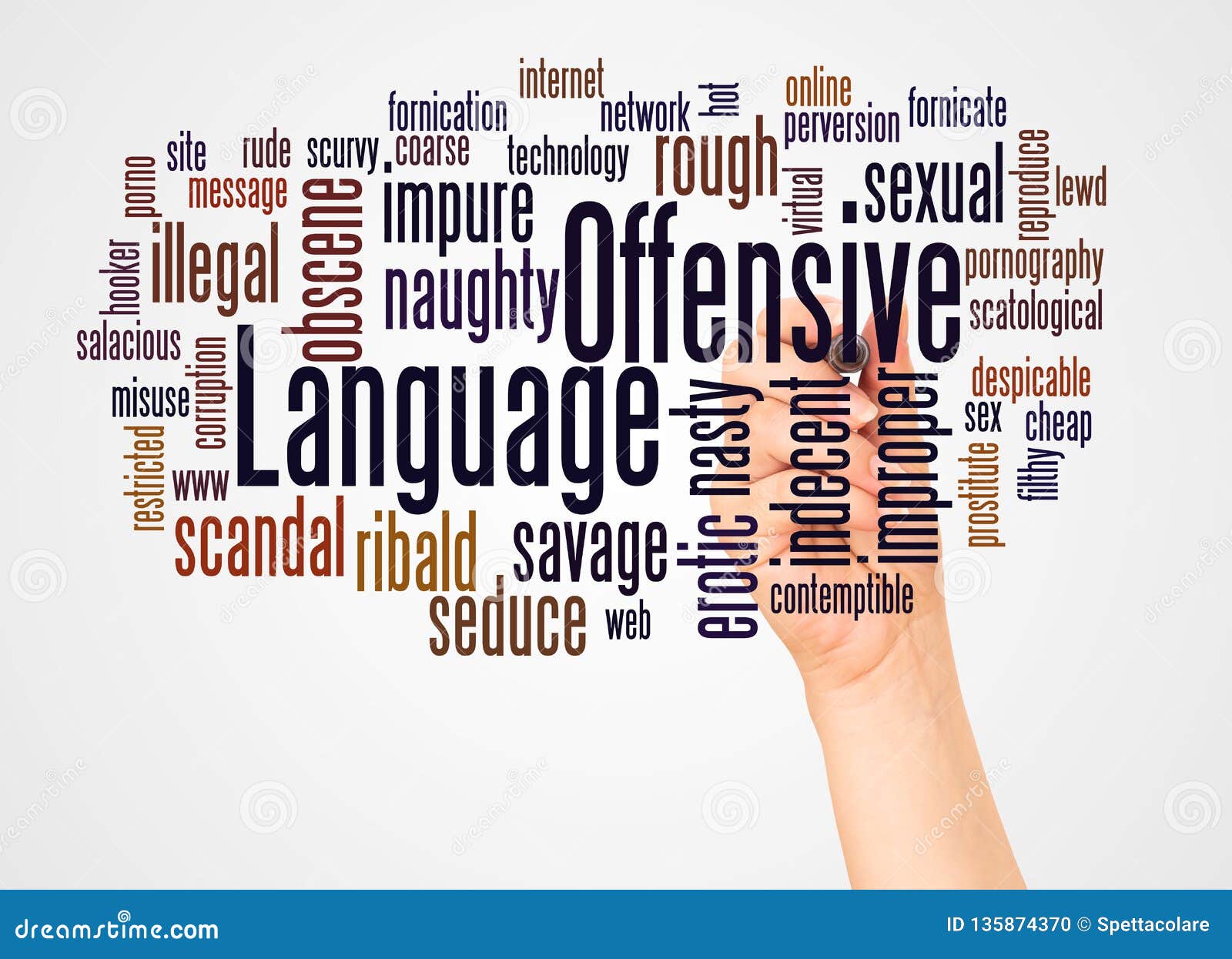 Offensive Language Word Cloud and Hand with Marker Concept Stock Photo