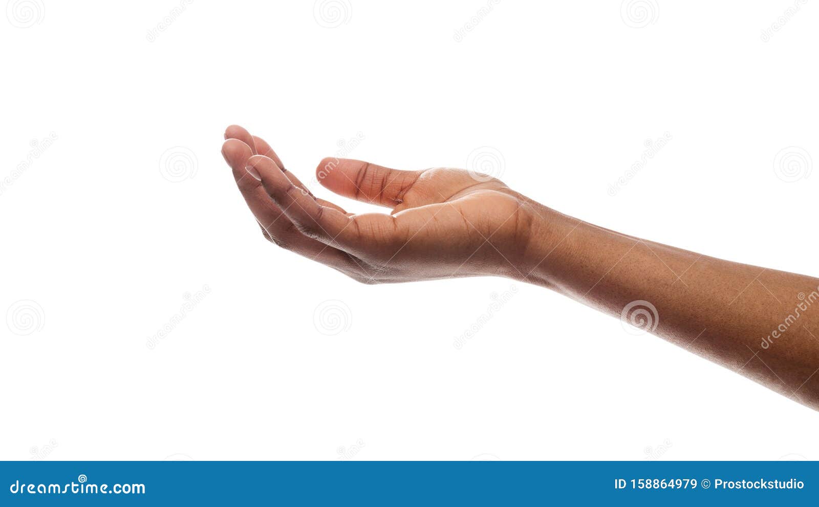 female hand keeping empty cupped palm  on white background