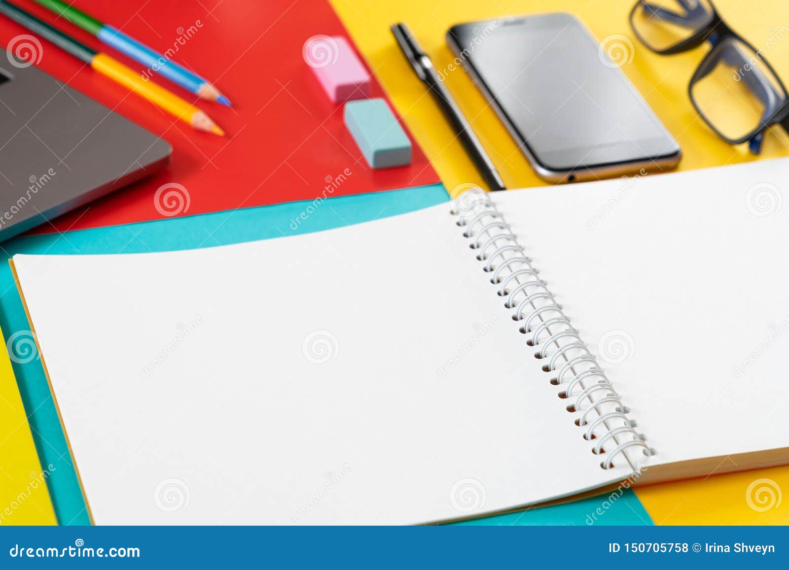 Office Supplies On A Bright Colored Background Top View Stock