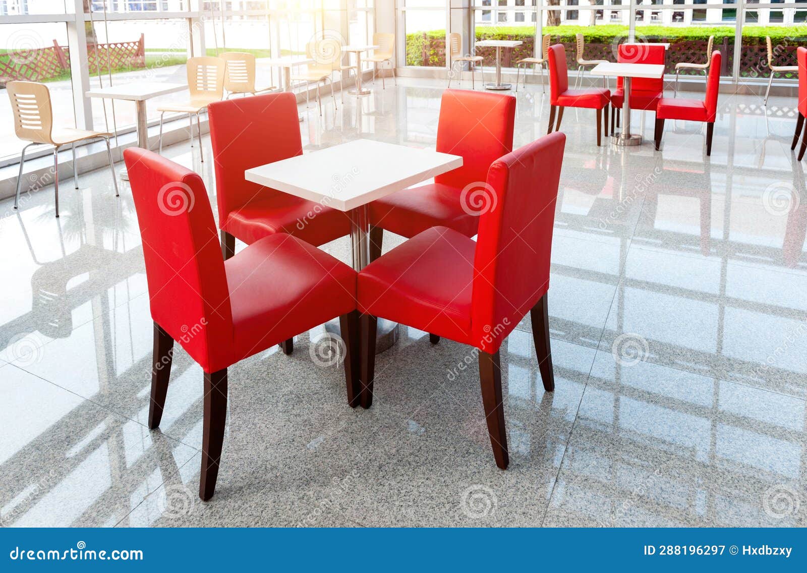 Office Bar with Red Chairs and White Tables Stock Image Image of