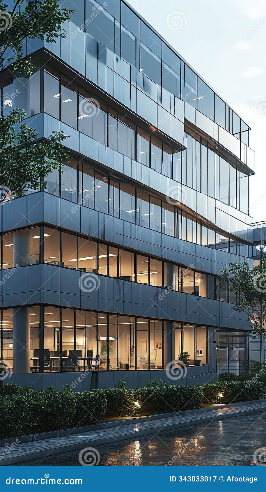 an office building tower, sunny day, glass facade, interior light on
