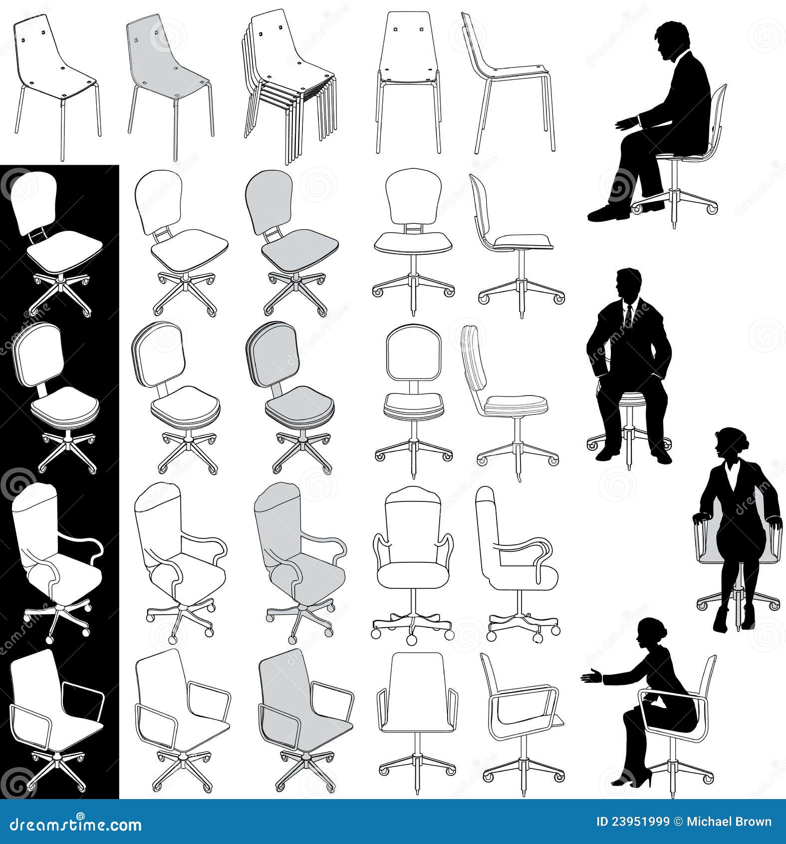 Office Business Chairs Furniture Drawings Set Stock Vector