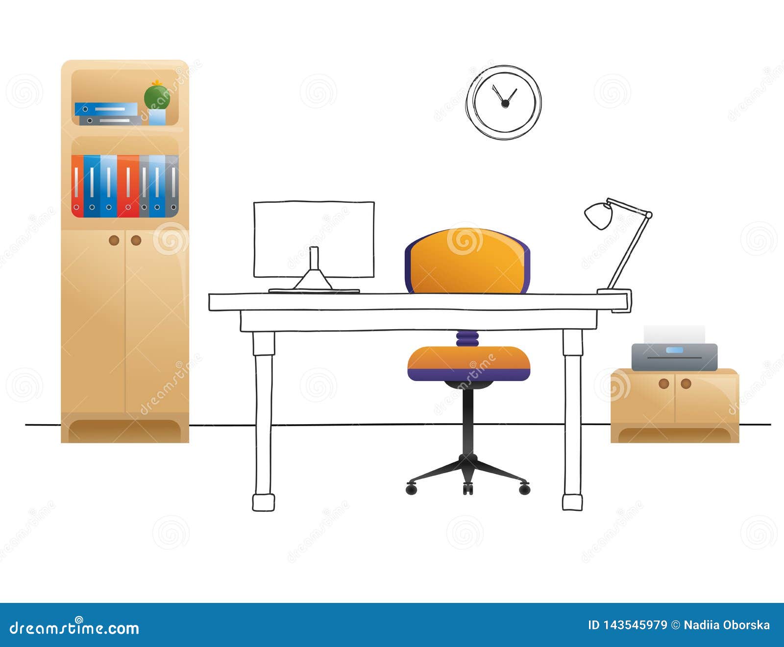 Office Chair, Desk, Various Objects on the Table. Workspace in Flat