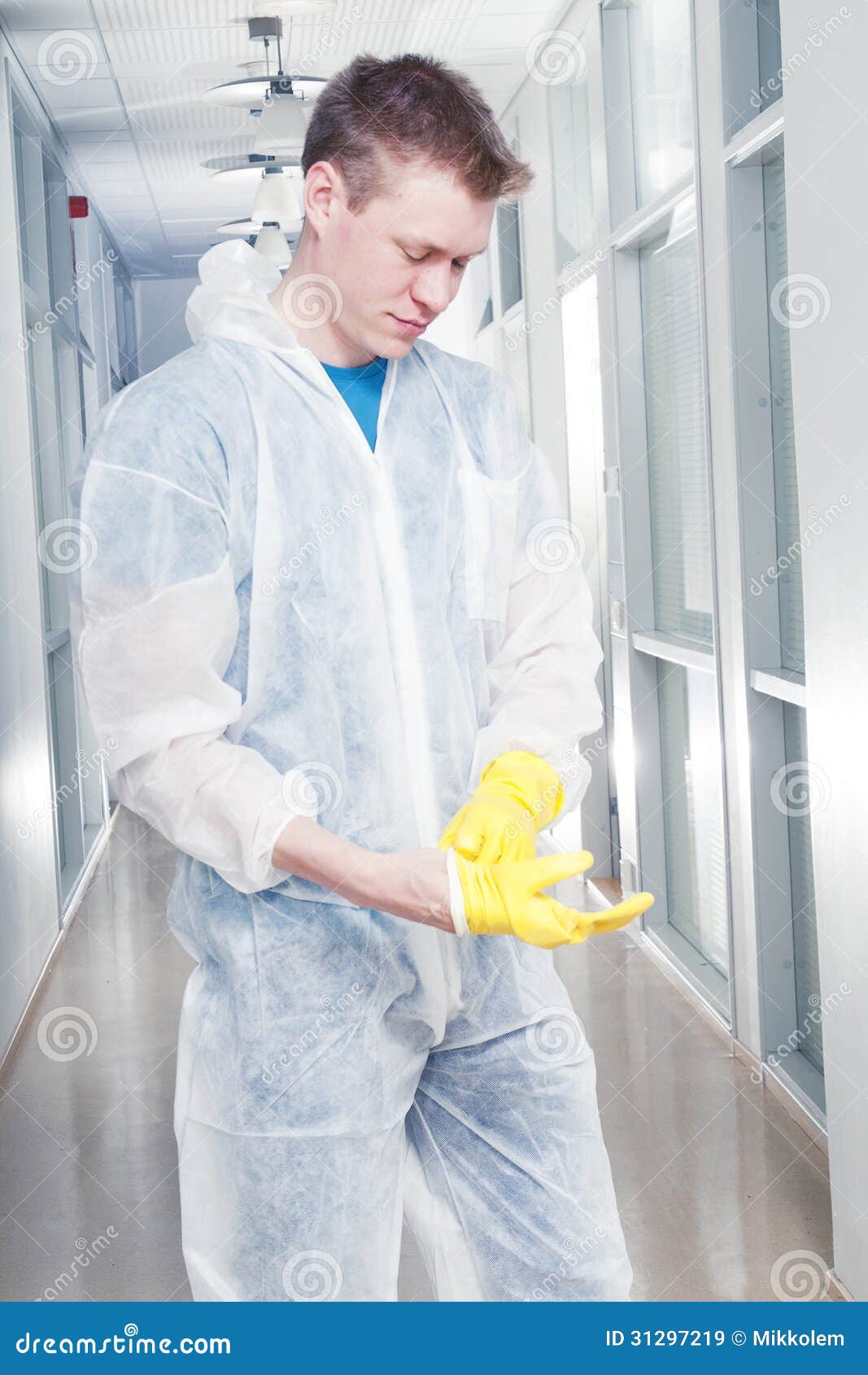 Office Cleaner Man Putting Rubber Glowes Stock Image - Image of room ...