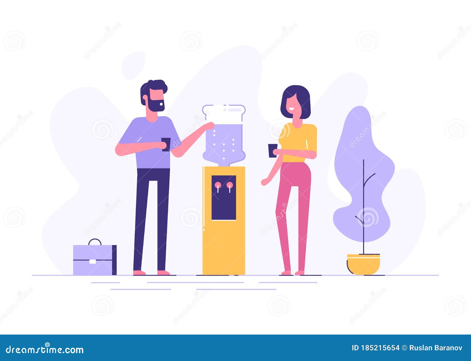 office cooler chat.  flat character  on man and woman talking to each other near office water cooler