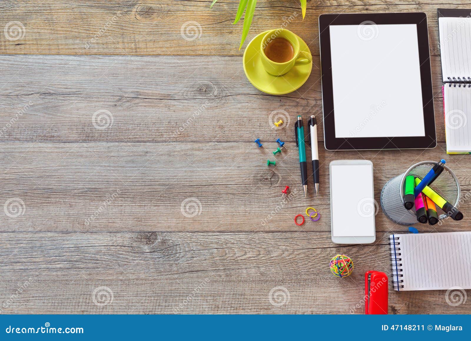 office desk background tablet smart phone cup coffee view above copy space top 47148211