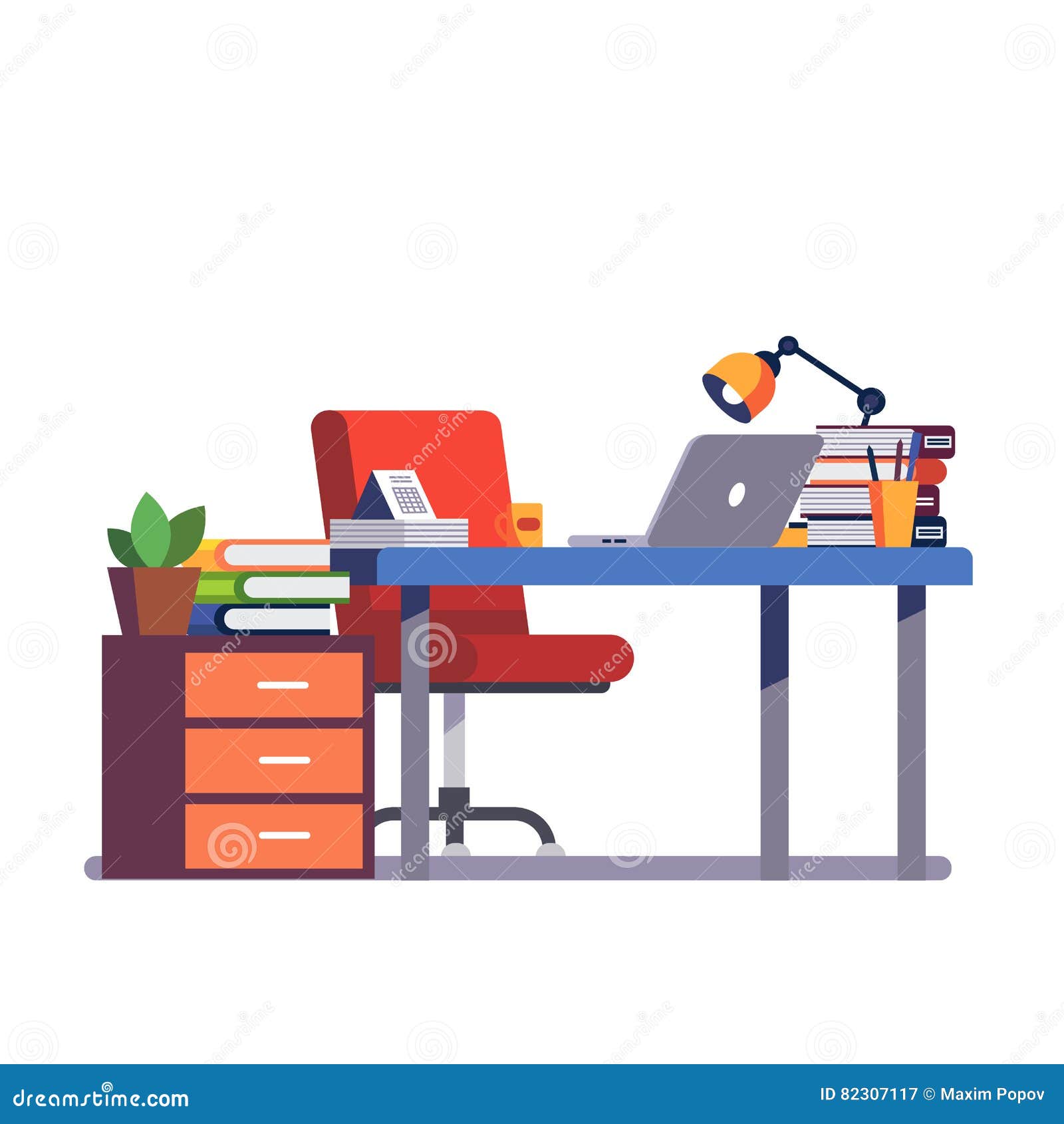 Office Desk With Chair Computer And Pencil Cup Stock Vector