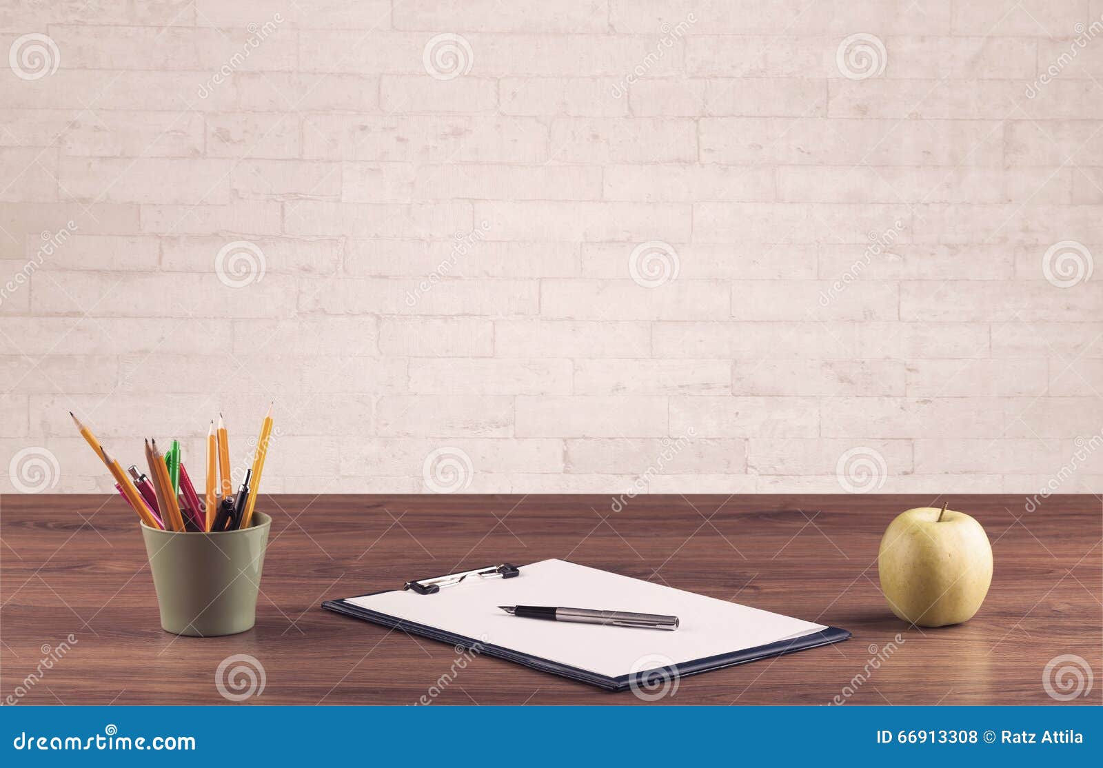 office desk closeup white brick wall close up business pen board coffee front empty textured background 66913308