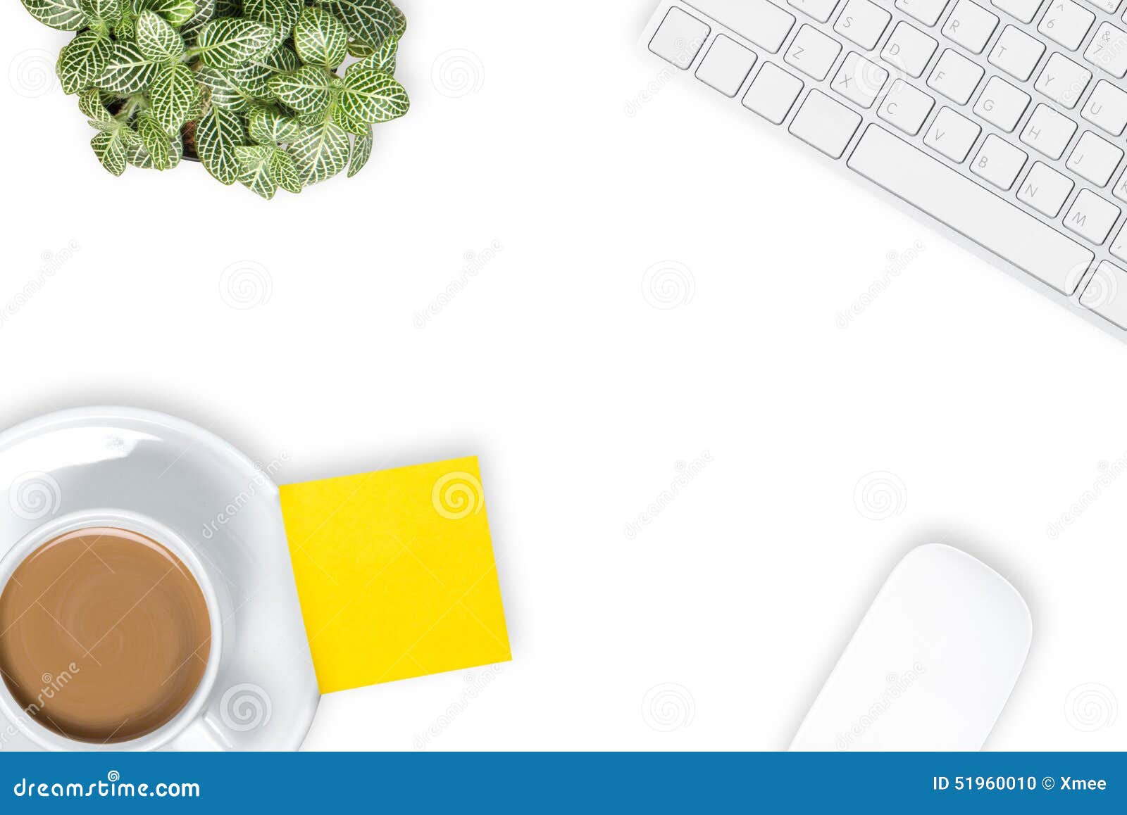 office desk coffee cup computer keyboard computer mouse table view above copy space white background 51960010