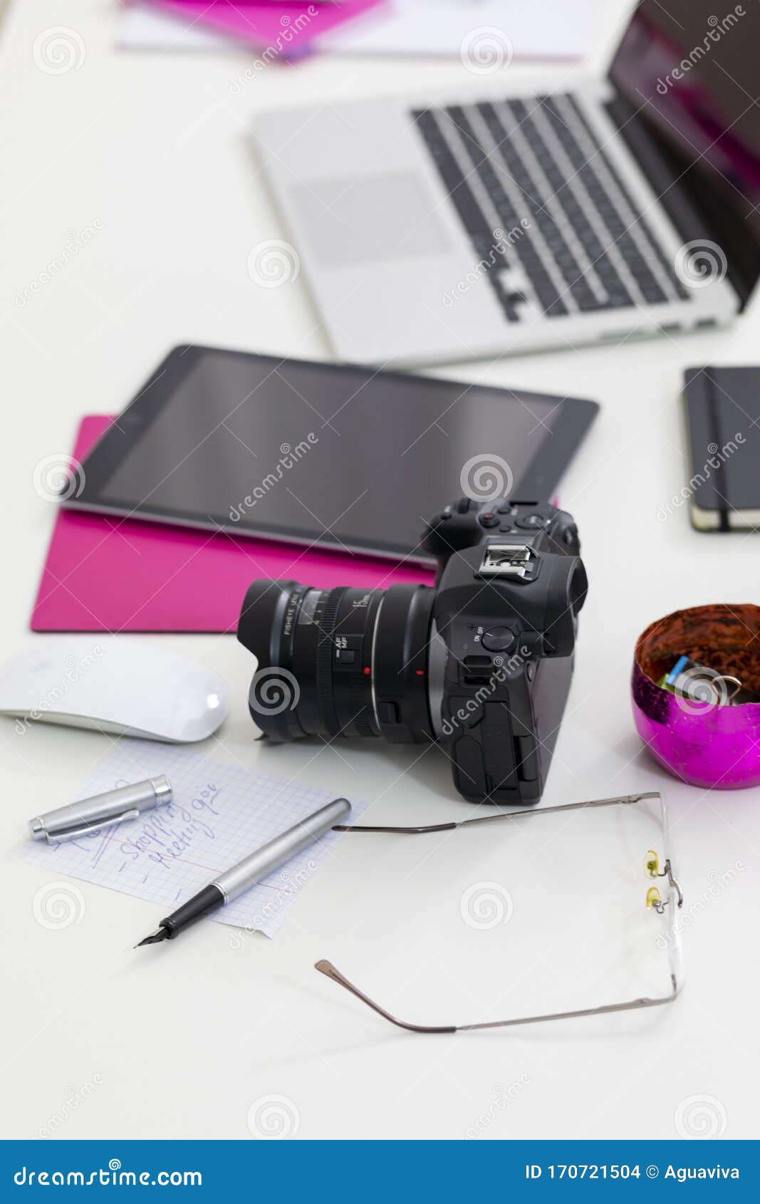 Office Desk with Computer and Camera Stock Photo - Image of dslr, text
