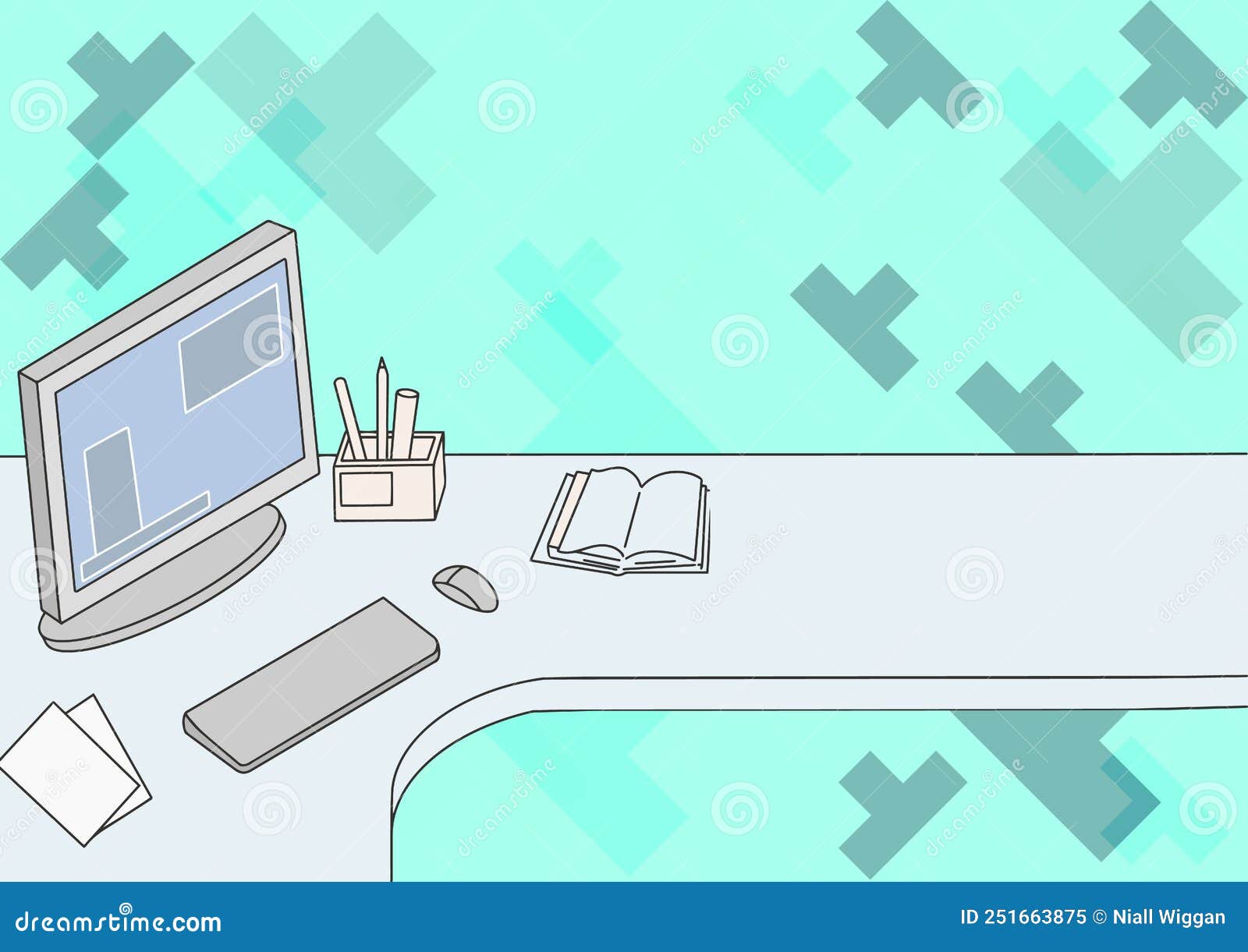 Office Desk Drawing with Computer Pen Holder and an Open Blank Notebook