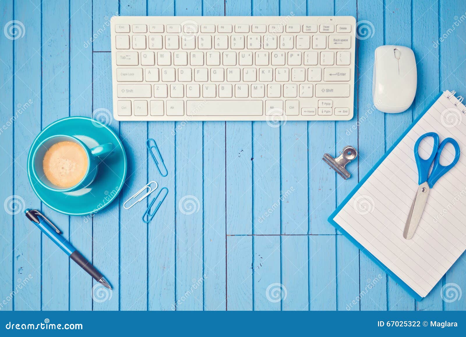 office desk flat lay keyboard coffee cup notebook view above retro filter effect 67025322