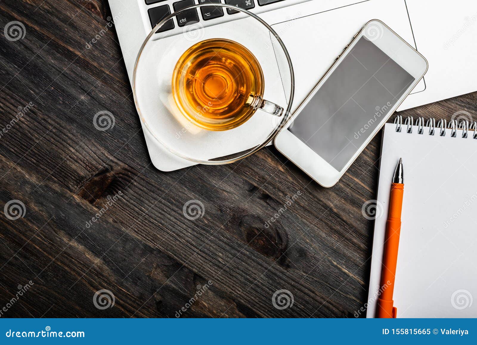Office Desk with Laptop Computer and Cup of Tea Stock Image Image of