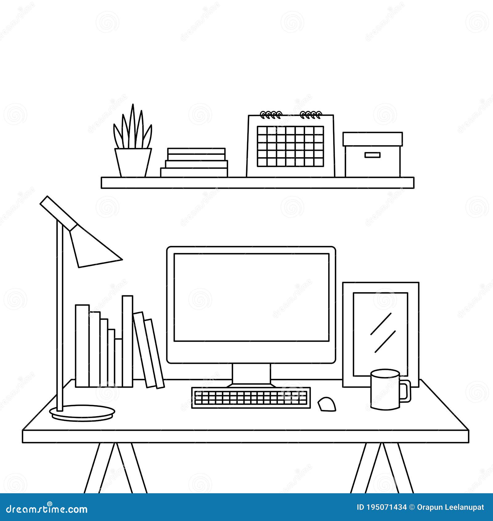 Office Desk Line Art Drawing Vector. Doodle Desk with a Computer and Office  Accessories in Workplace Illustration. Stock Vector - Illustration of  coloring, hand: 195071434
