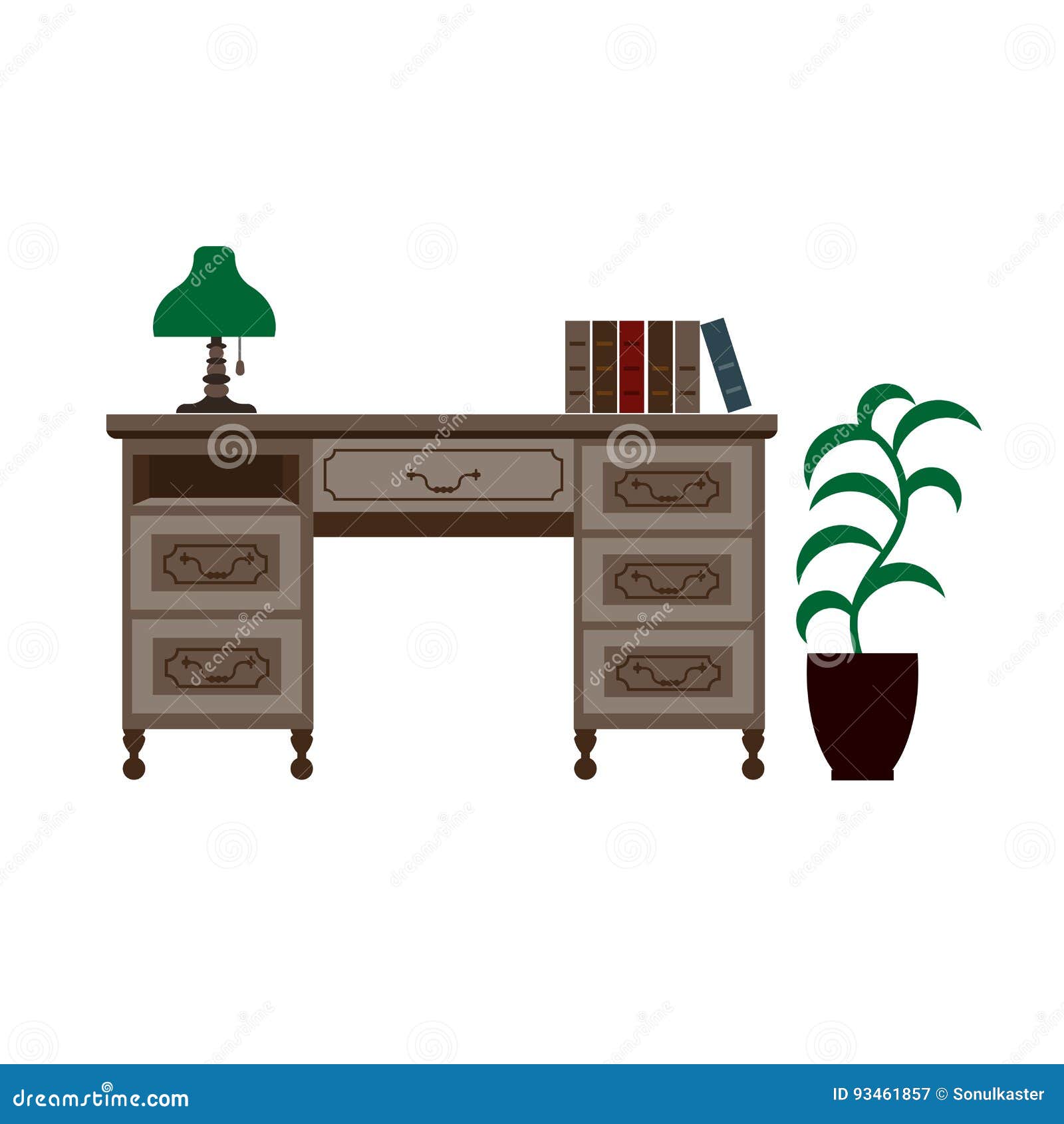 Office Desk With Shelves Green Lamp And Books On Stock Vector