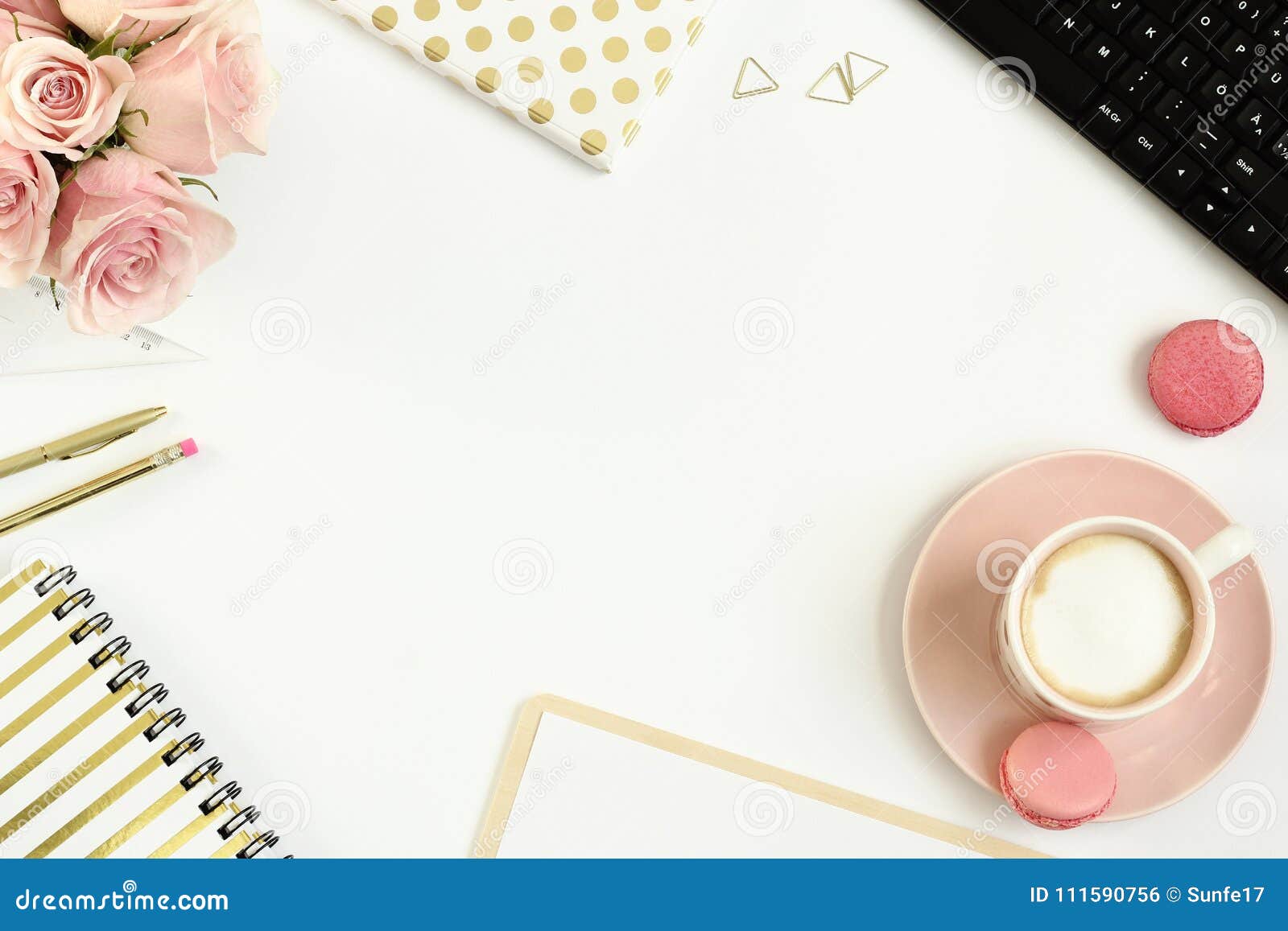 Office Desk Table with Cup of Coffee and Flowers Stock Photo - Image of ...