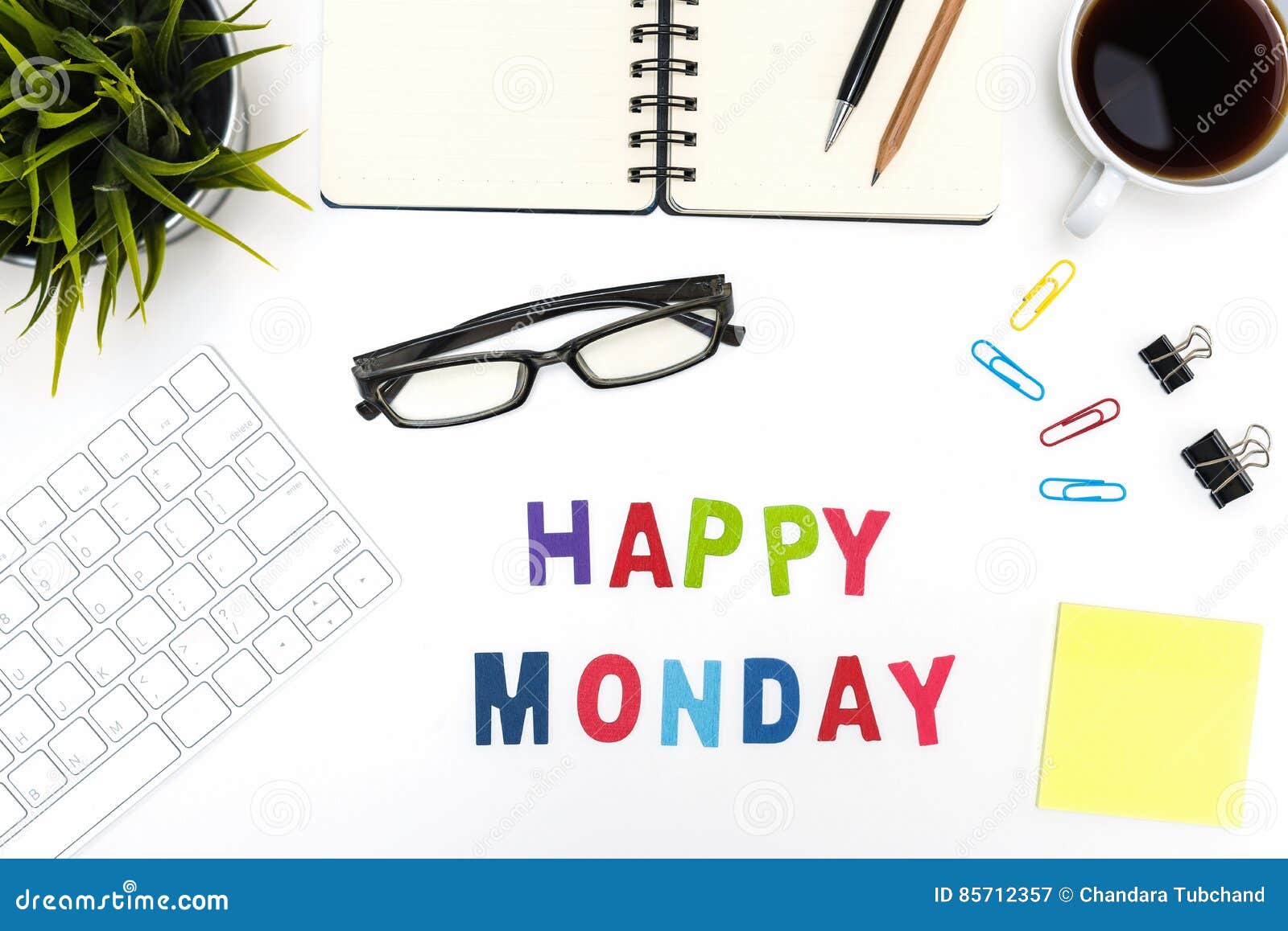 Office Desk Table with Happy Monday Word Stock Image - Image of open ...