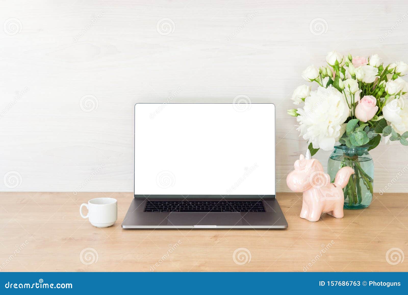 Office Desk Table With Laptop Computer With Blank Screen Mockup