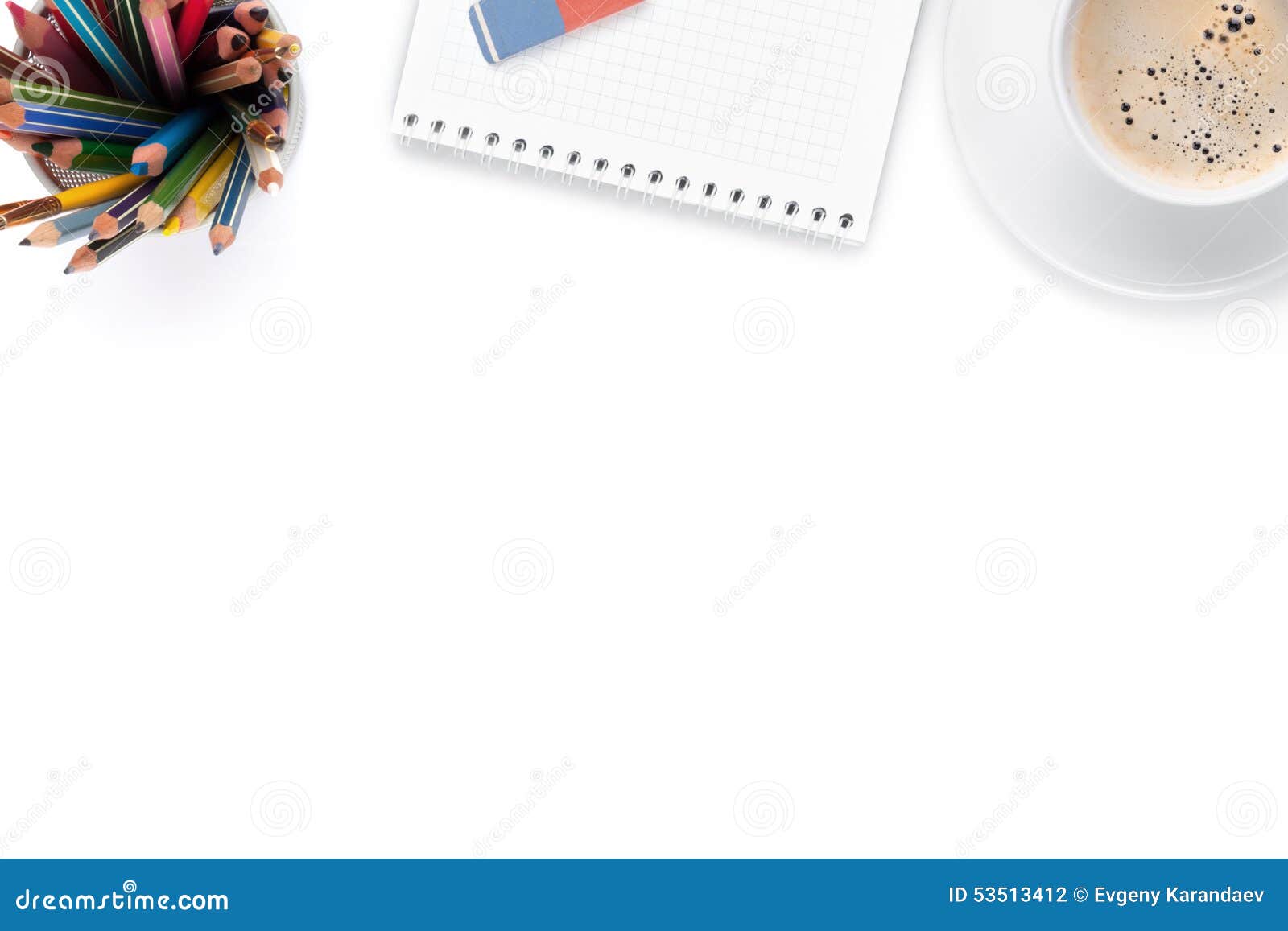 office desk table supplies coffee cup isolated white background top view copy space 53513412