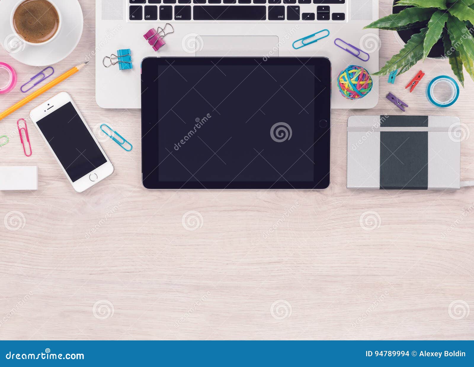 Office Desk Table Workplace with Macbook Laptop, Ipad Tablet, Iphone