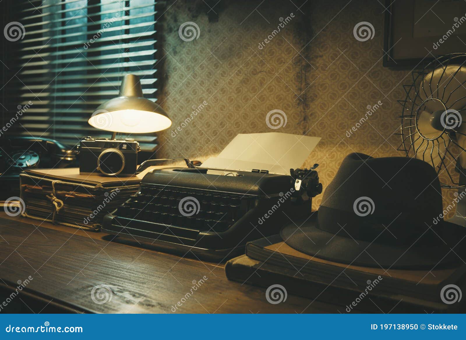 vintage film noir office desk with old typewriter