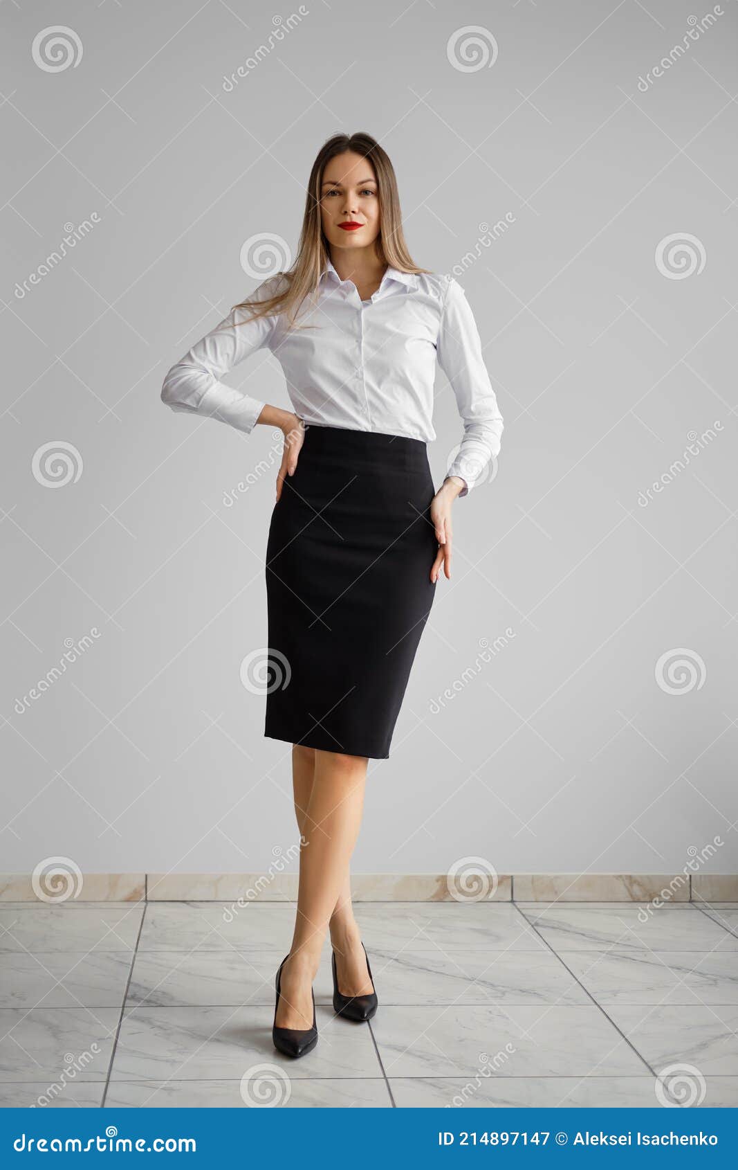 Office Dress Code - Pretty Girl in Whithe Shirt and Tight Black Skirt.  Stock Image - Image of shirt, standing: 214897147