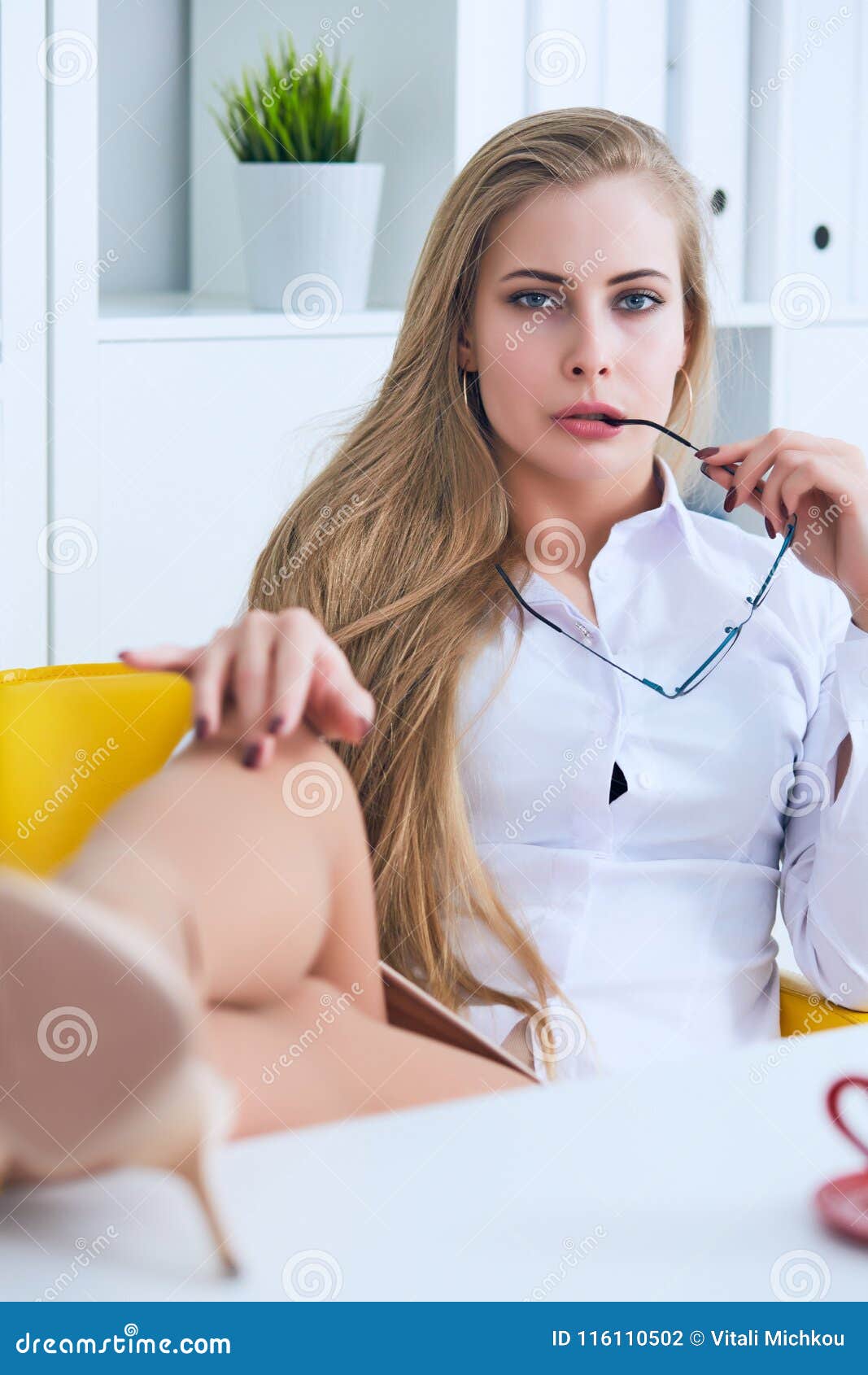 Office Flirt Attractive Woman Flirting Over Desk With Her Coworker Or 