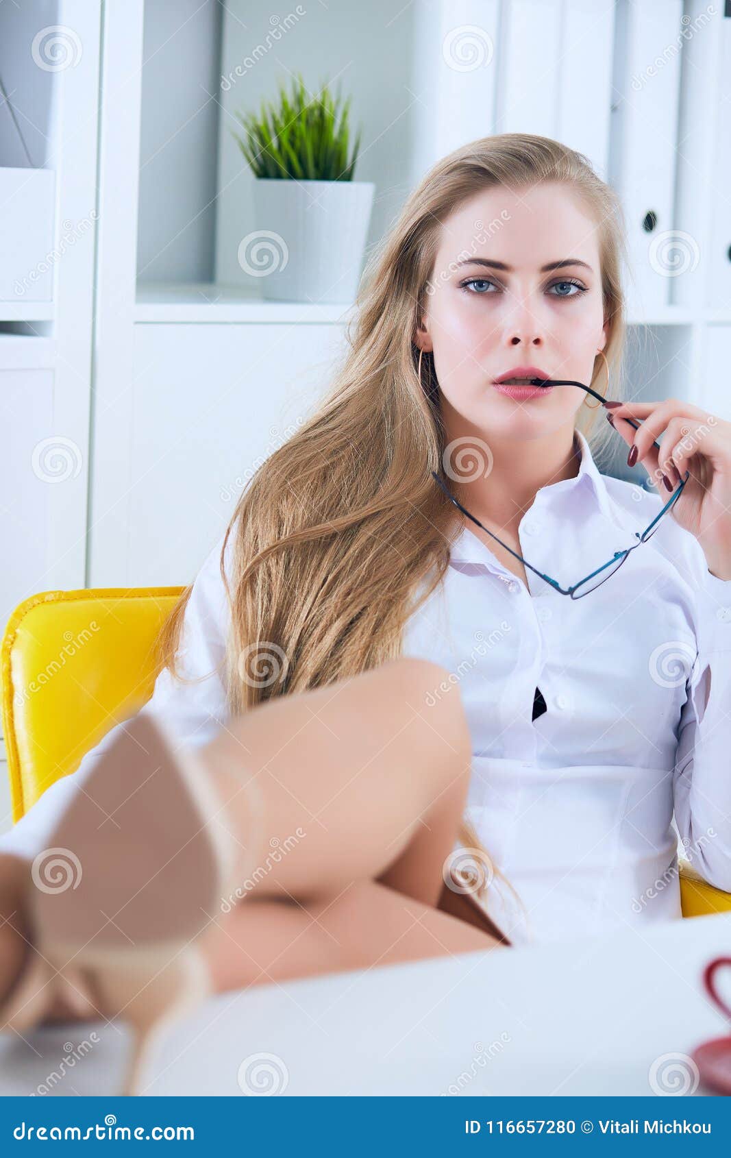 Office Flirt Attractive Woman Flirting Over Desk With Her Coworker Or 