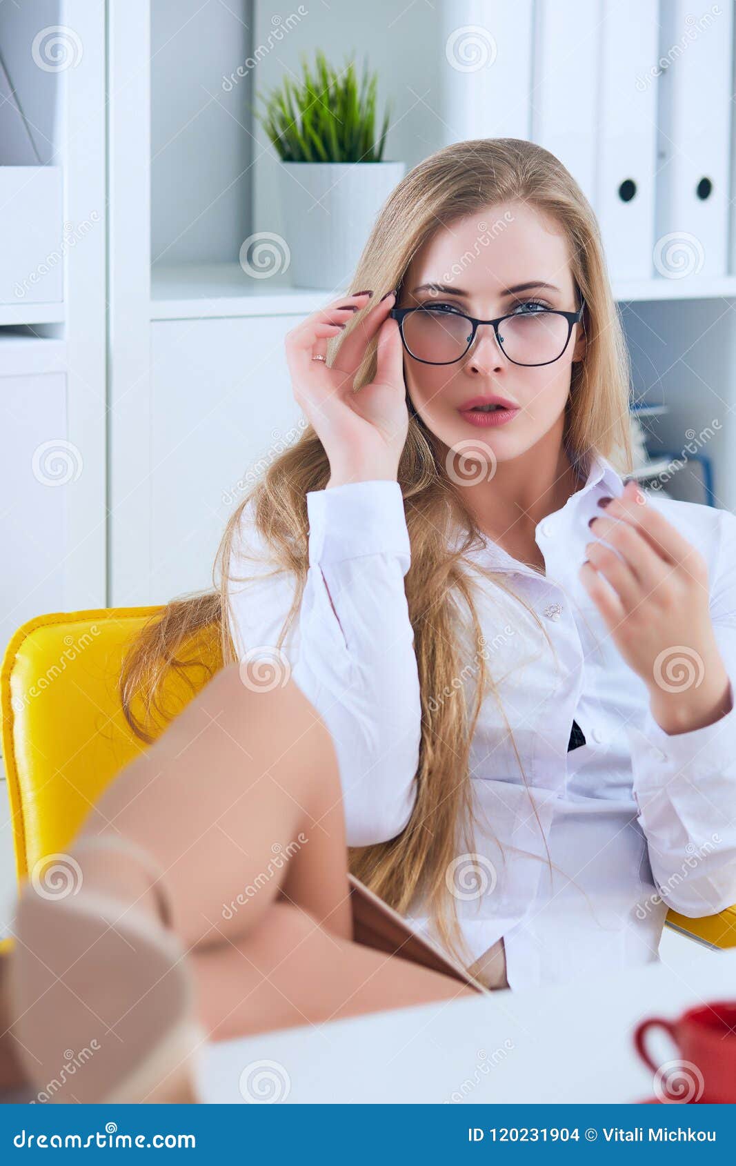 Office Flirt - Attractive Woman Flirting Over Desk with Her Coworker or  Boss. Stock Photo - Image of indoors, desk: 120231904