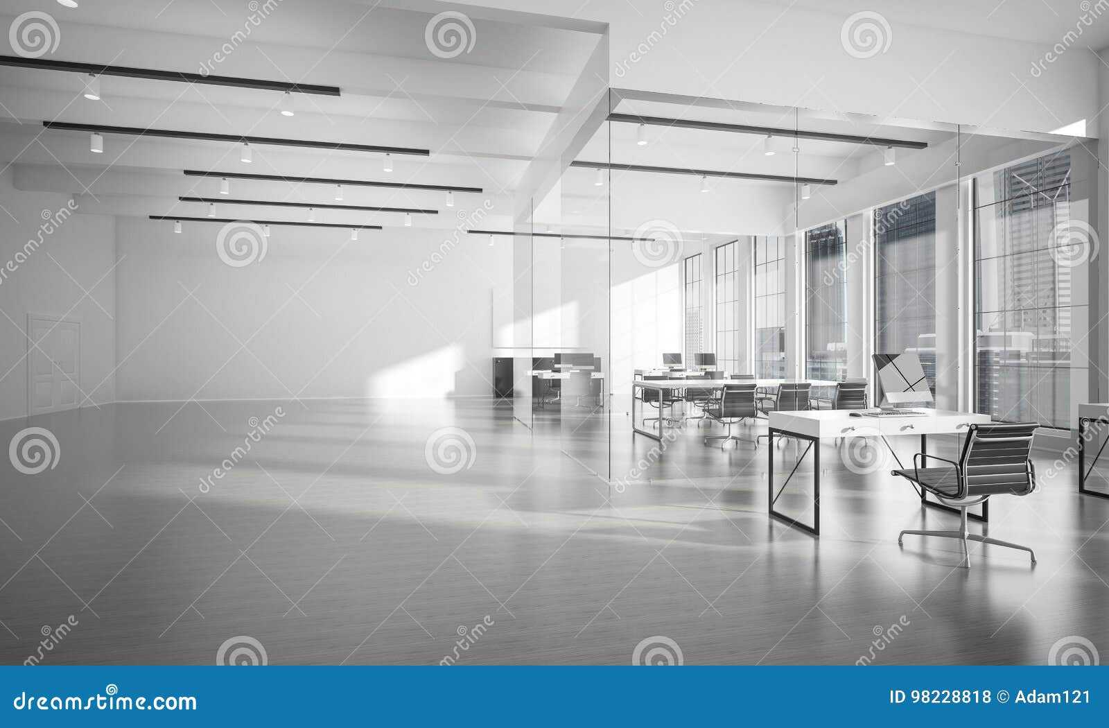 Office Interior Design In Whire Color And Rays Of Light From