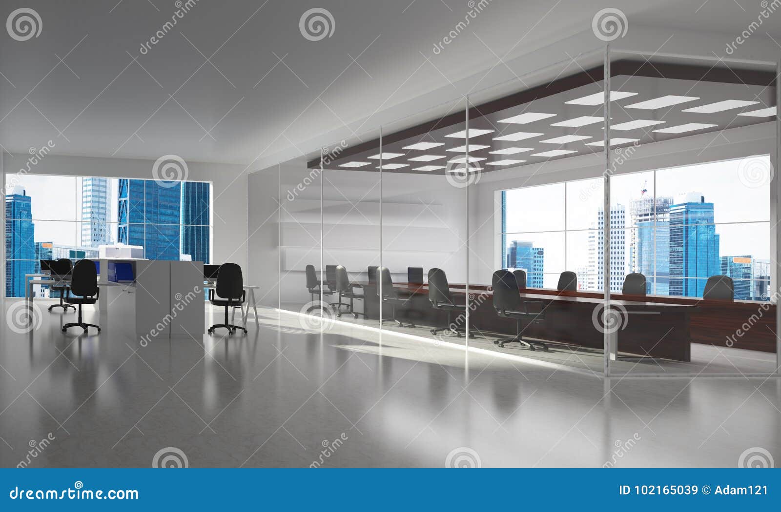 Office Interior Design In Whire Color And Rays Of Light From