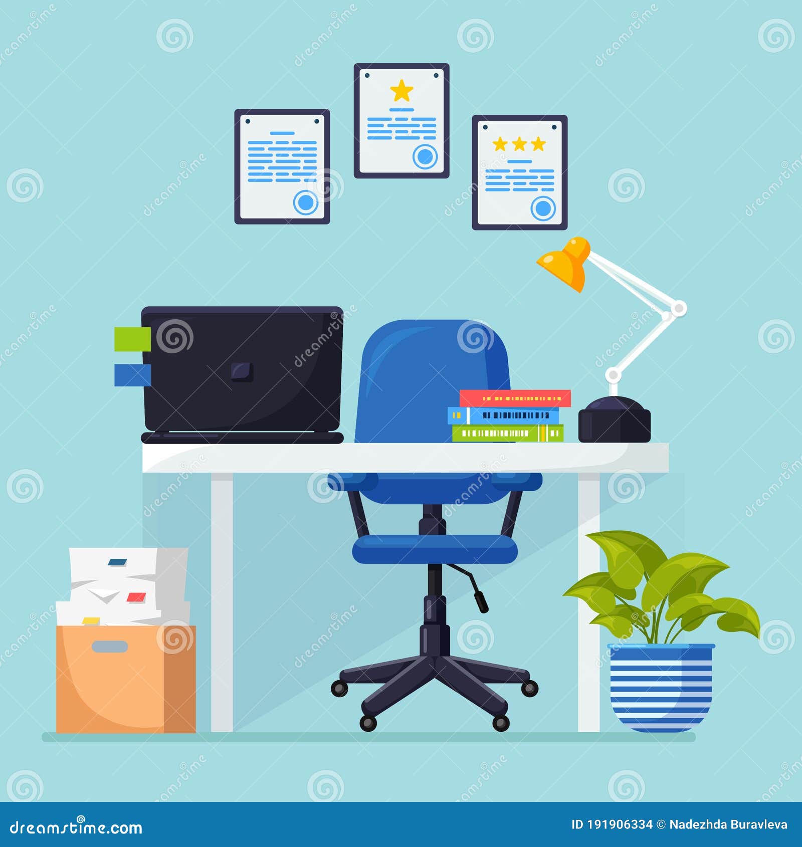 office interior with desk, chair, computer, laptop, documents, table lamp. workplace for worker, employee.  flat 
