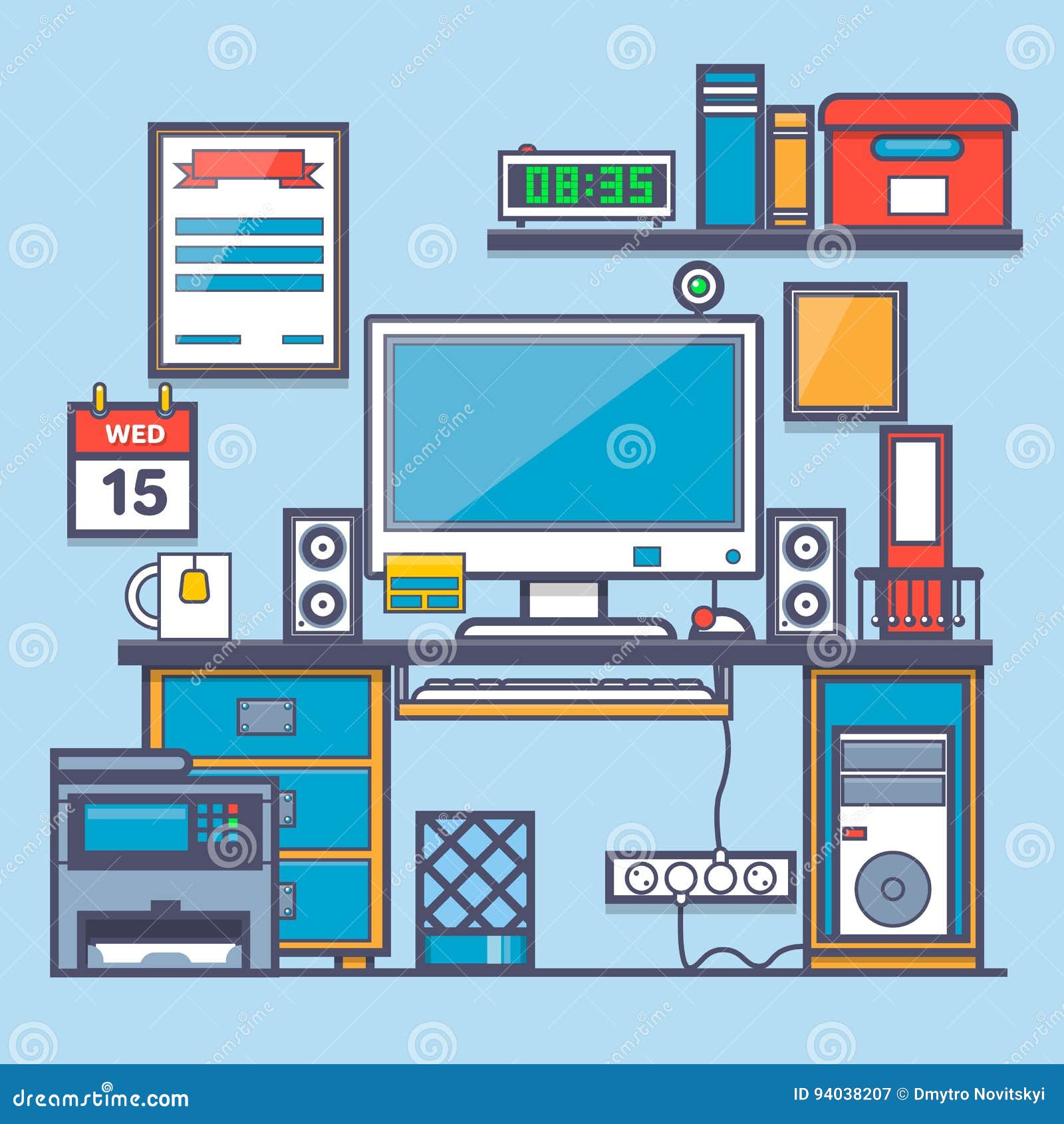 office interior.office desk and accessory.thin line flat  of modern er workspace
