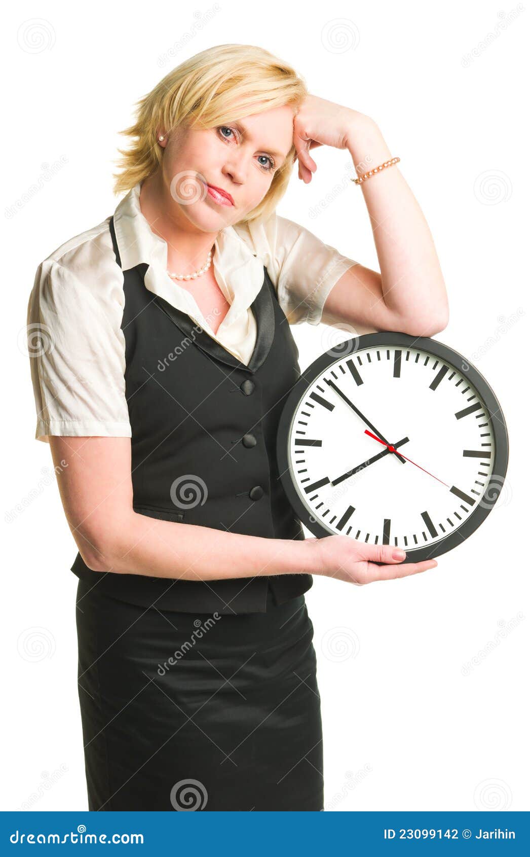 Office lady with a clock stock photo. Image of hold, clock 23099142