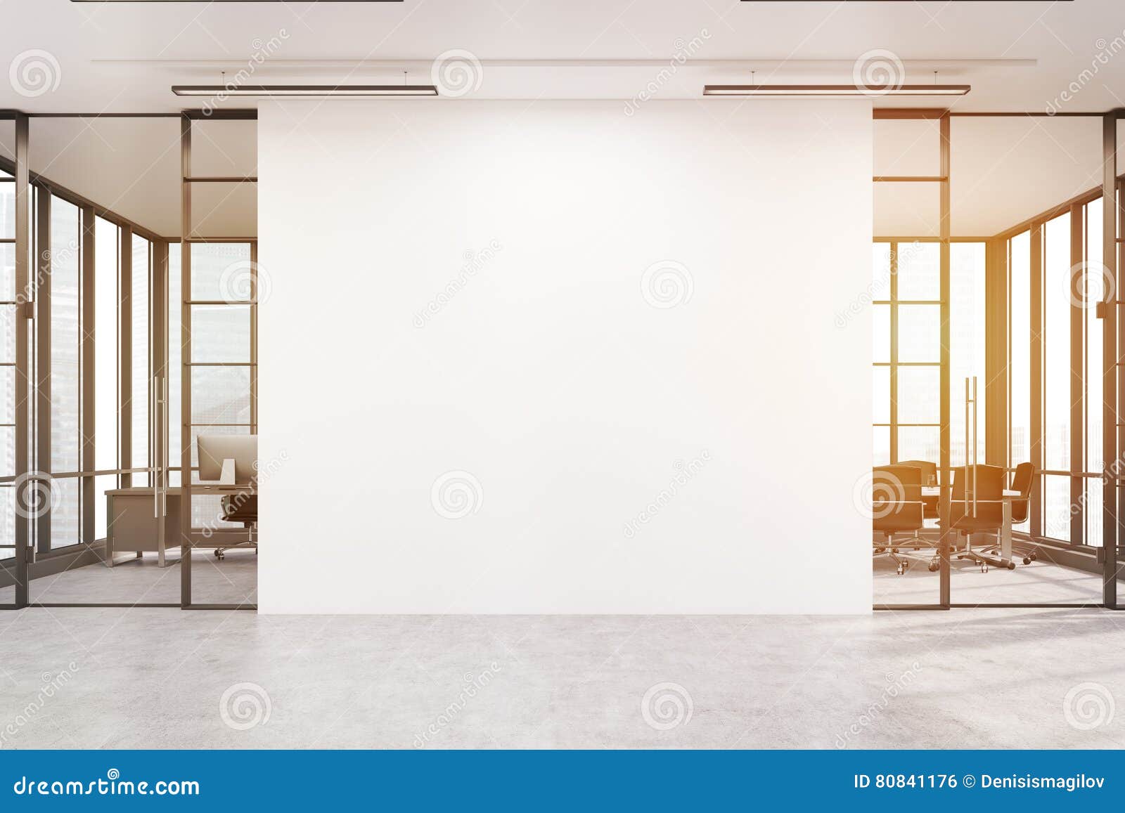 office lobby with a large white wall and two meeting rooms, tone