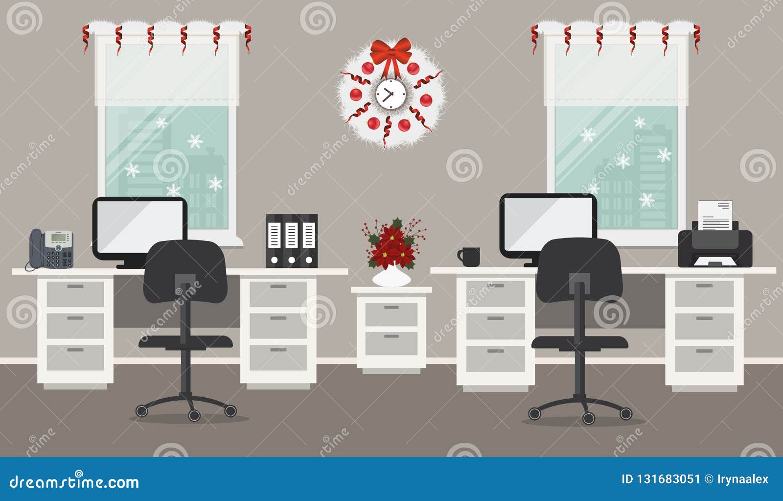 Office Room Decorated With Christmas Decoration Stock Vector