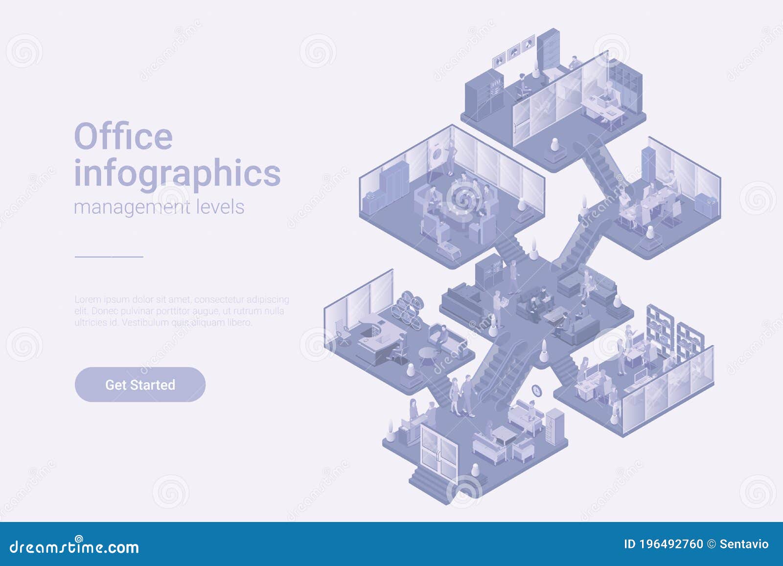office room departments isometric flat white monochrome  concept
