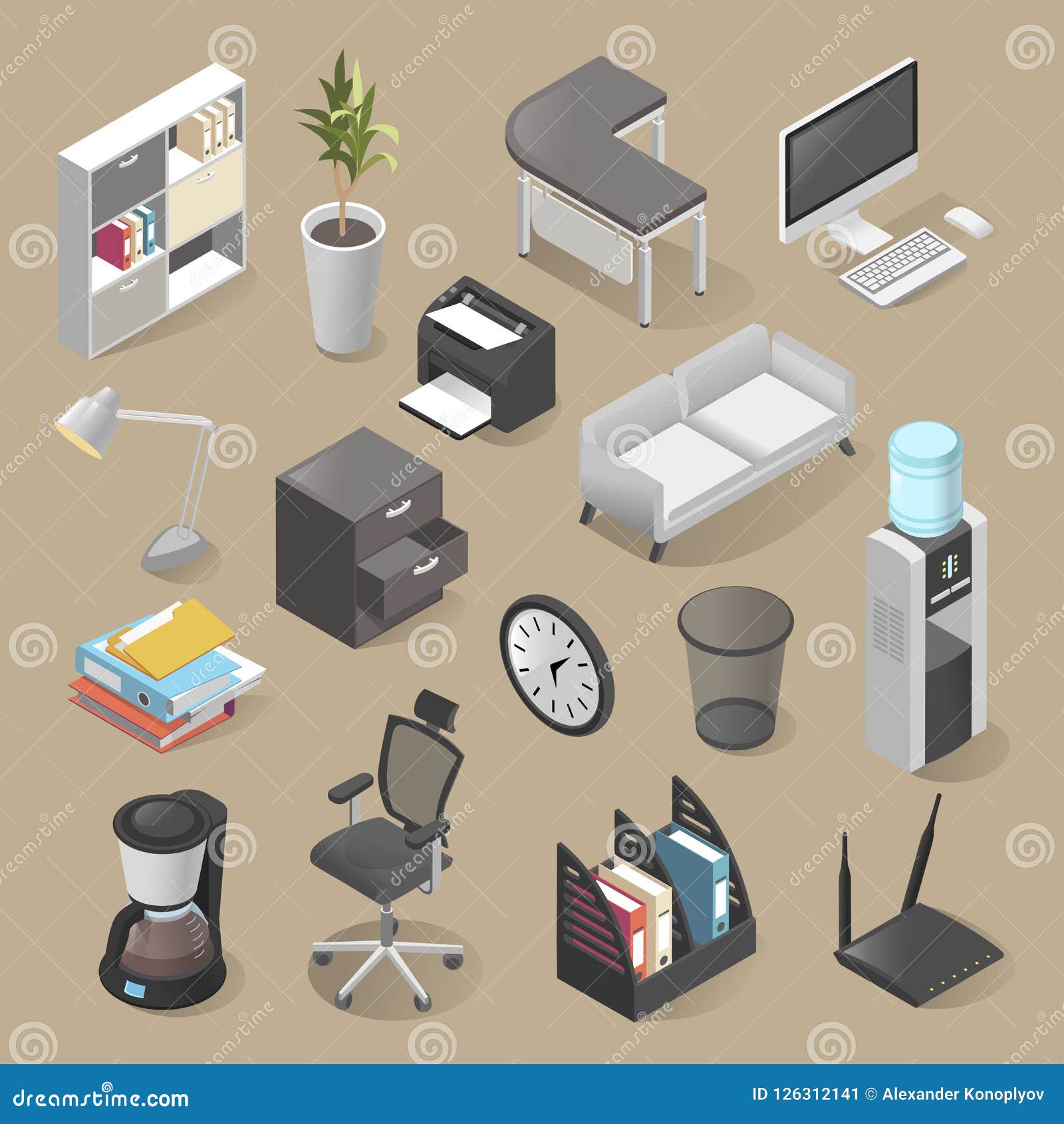 Office Room Furniture Icon Set Isometric Style Stock Vector