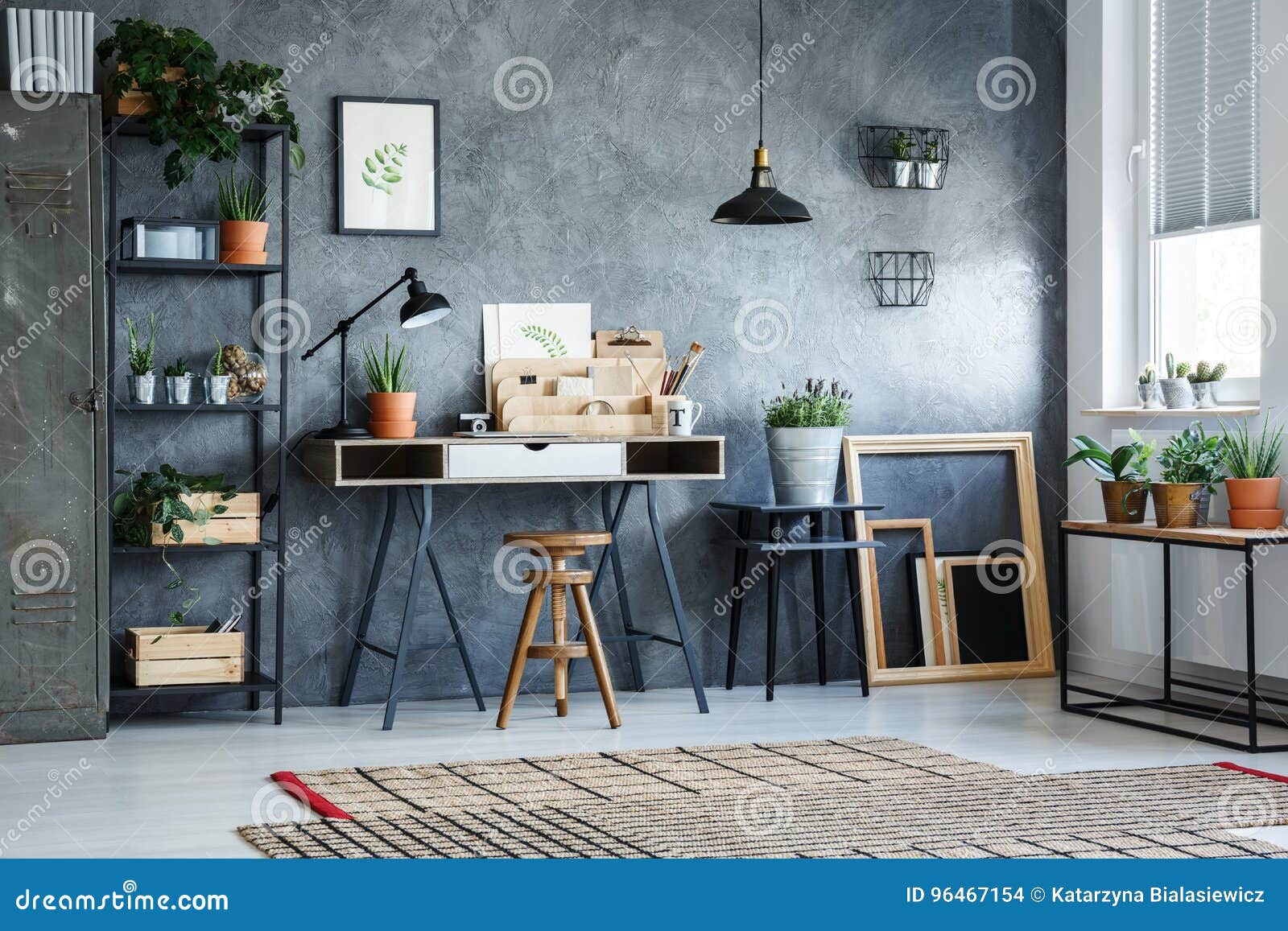 Office room with gray wall stock photo. Image of plant 96467154