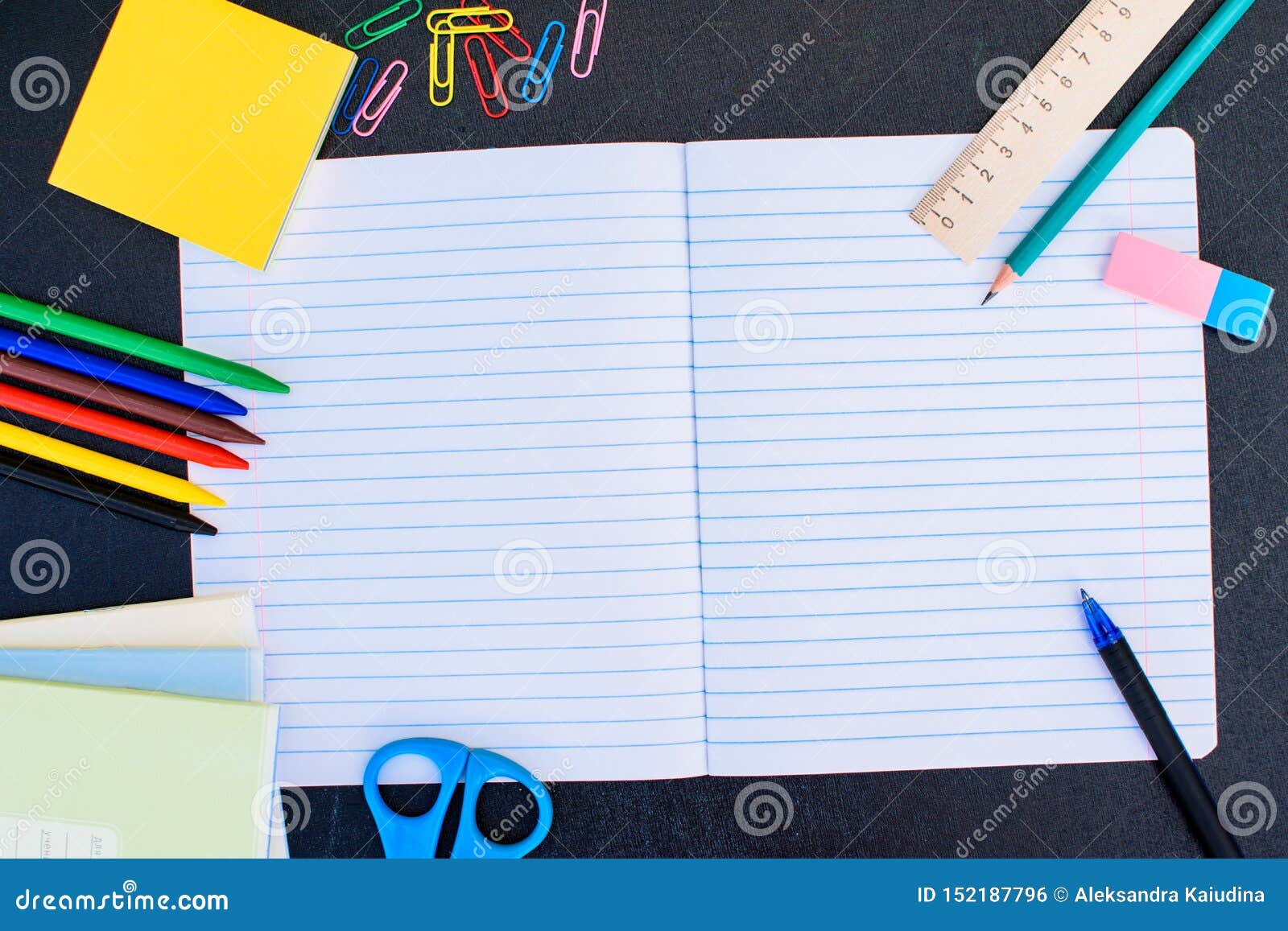 Office and School Supplies. Stock Photo Image of blue, blackboard