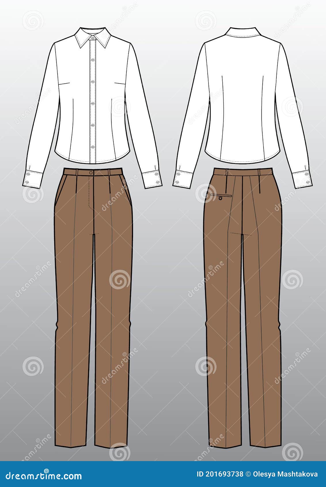 Office Set of Blouse and Classic Pants. Vector Templates in Front, Back  Views. Fashion Look. Isolated on White Background Stock Illustration -  Illustration of garment, blank: 201693738