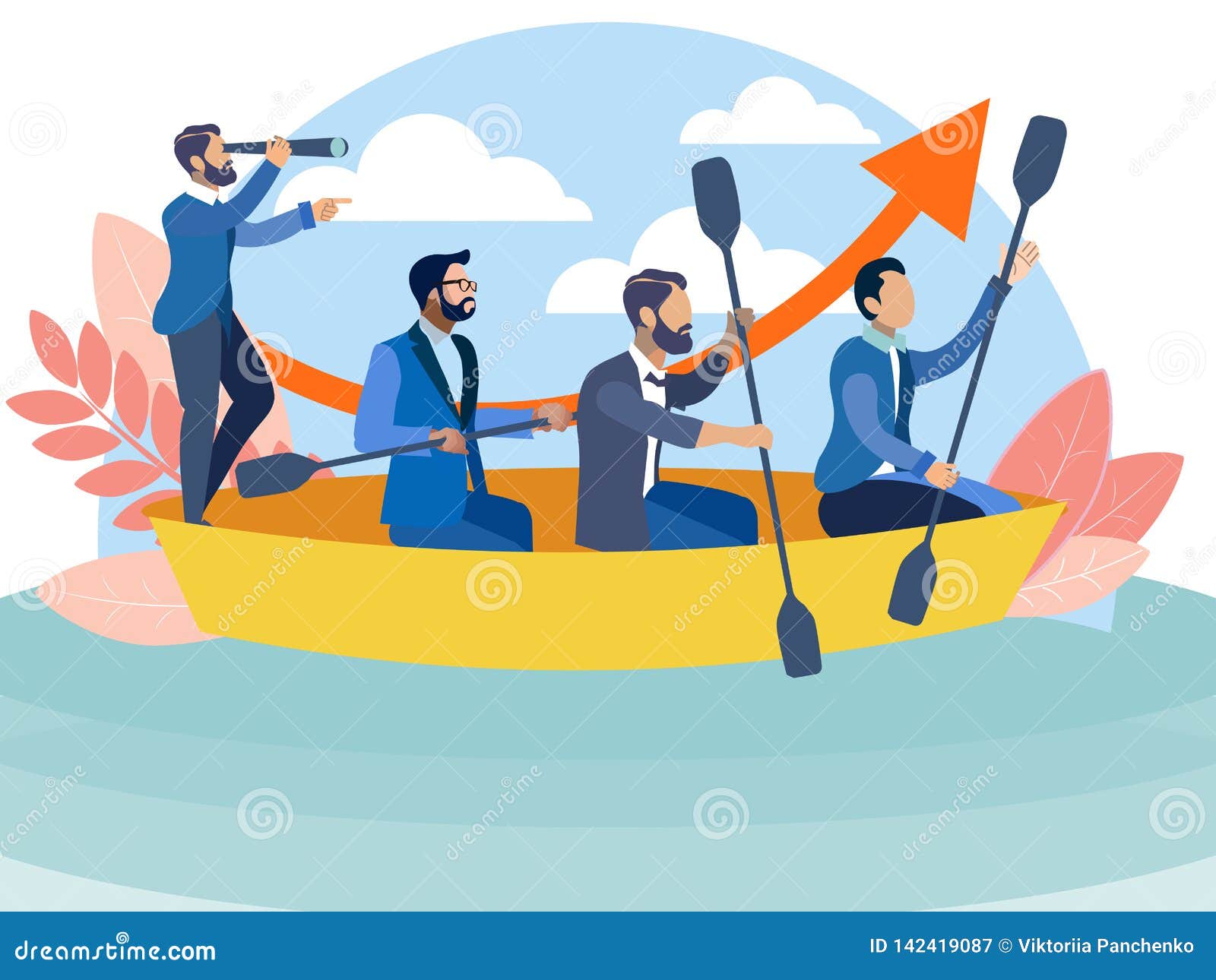 office staff sailing in the same boat to the goal. in minimalist style cartoon flat