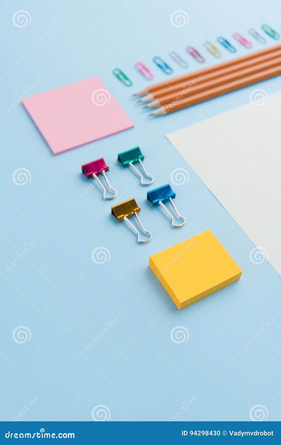 Office Supplies on the Blue Background Table Stock Photo Image of